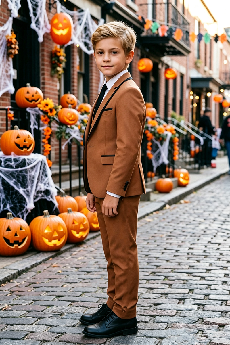 Boys Brown with Contrast Black Piping Trim 3-Piece Suit