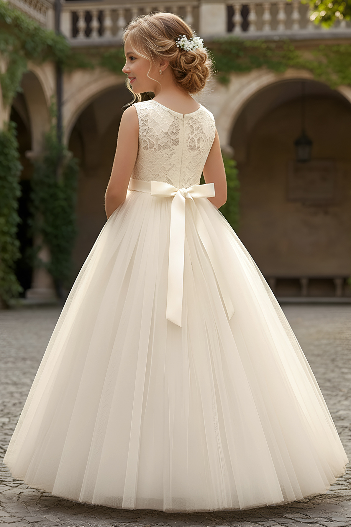 Light Apricot Lace Tulle Sleeveless A-Line Flower Girl Dress