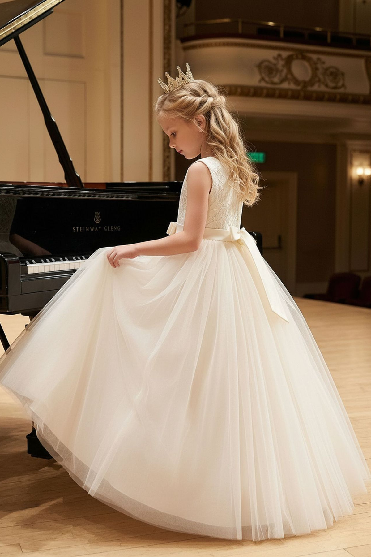 Light Apricot Lace Tulle Sleeveless A-Line Flower Girl Dress