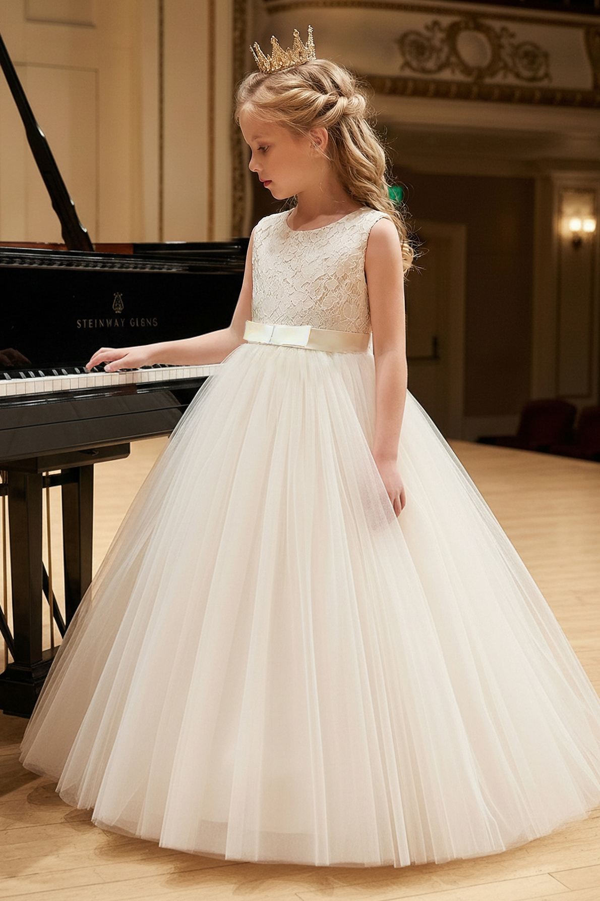 Light Apricot Lace Tulle Sleeveless A-Line Flower Girl Dress