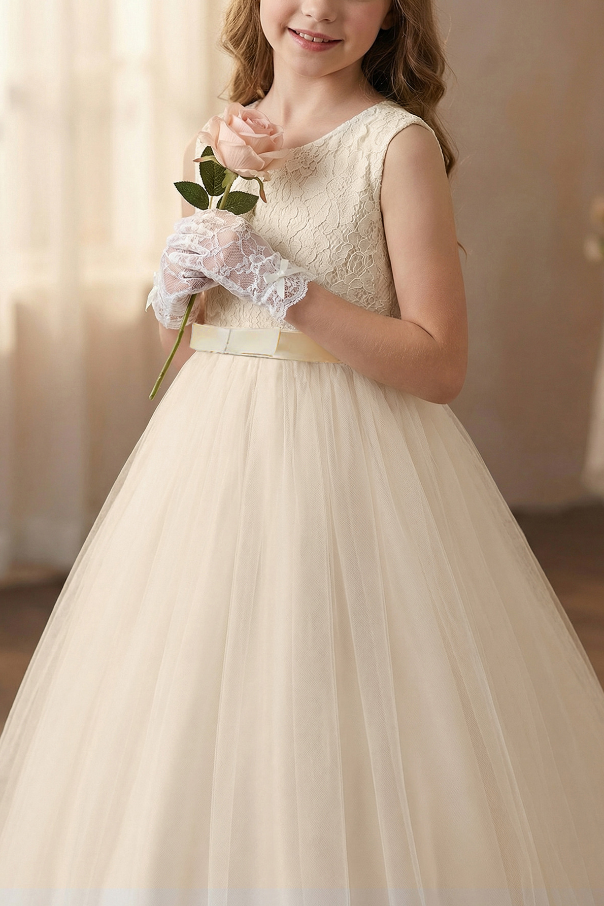 Light Apricot Lace Tulle Sleeveless A-Line Flower Girl Dress