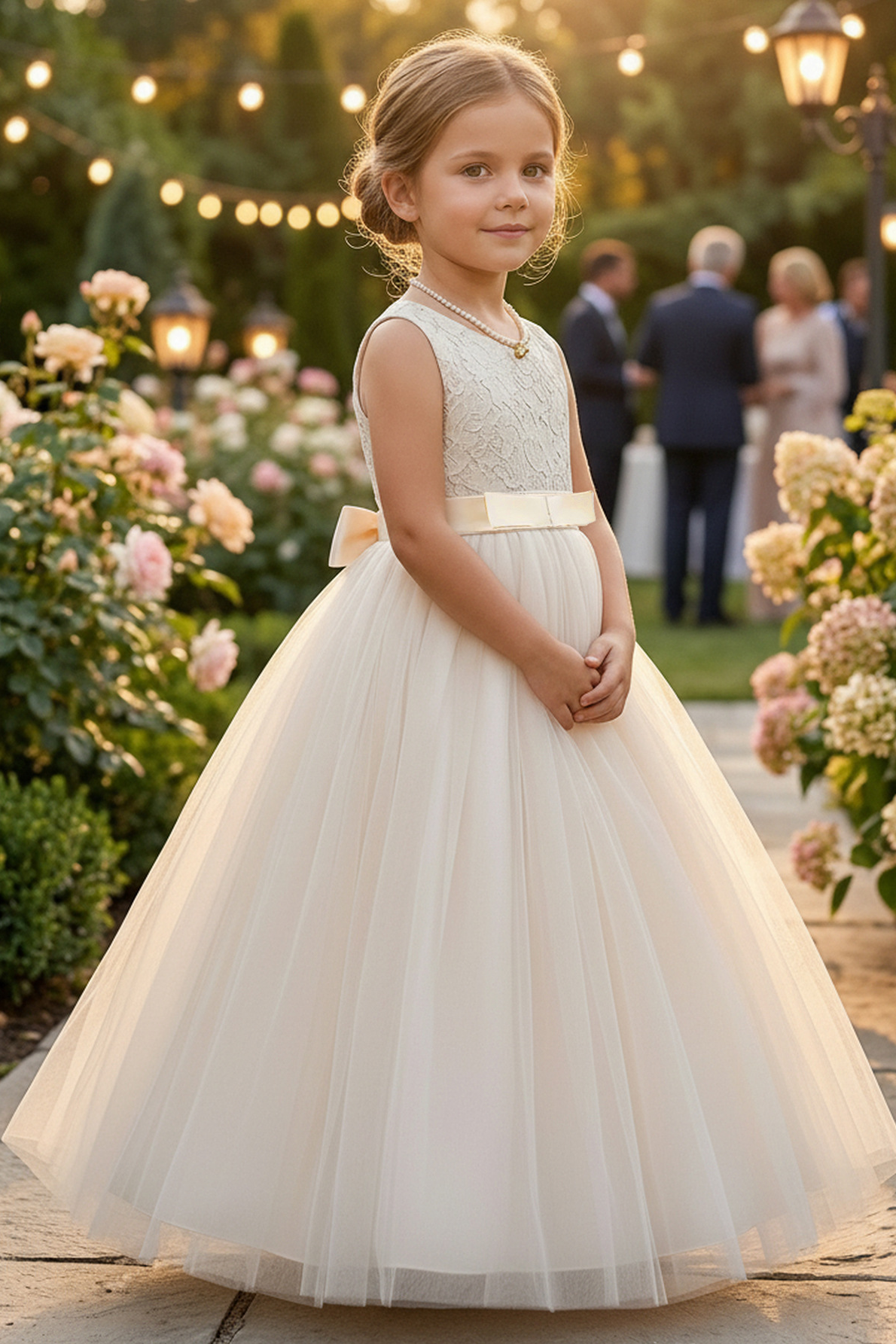 Light Apricot Lace Tulle Sleeveless A-Line Flower Girl Dress
