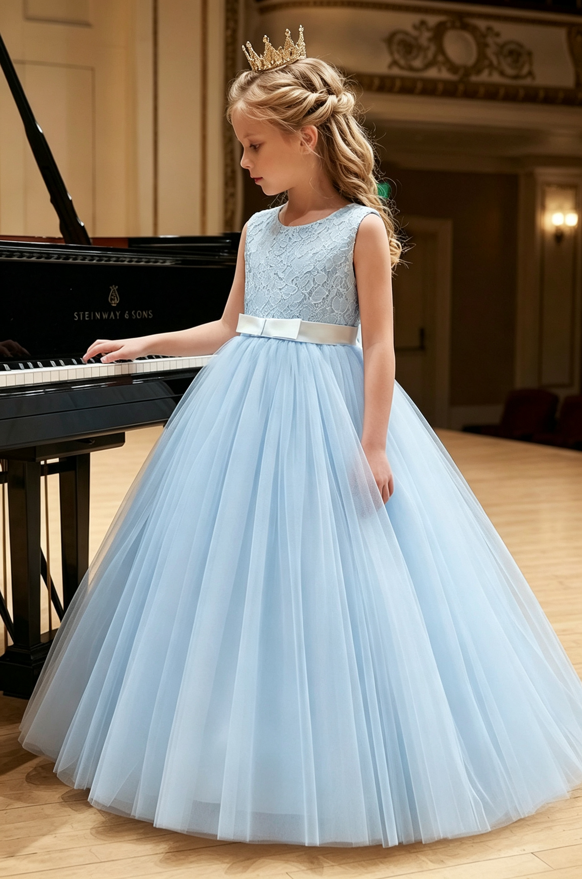Light Apricot Lace Tulle Sleeveless A-Line Flower Girl Dress