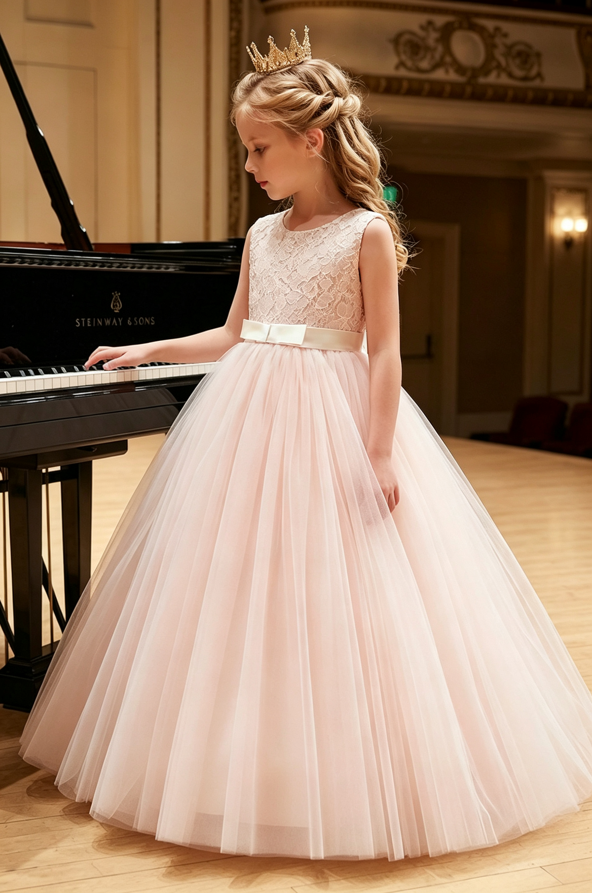 Light Apricot Lace Tulle Sleeveless A-Line Flower Girl Dress