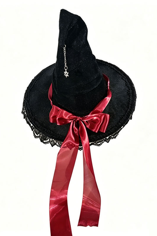 Green Satin Bow Black Velvet Lace & Star Pendant Halloween Witch Hat