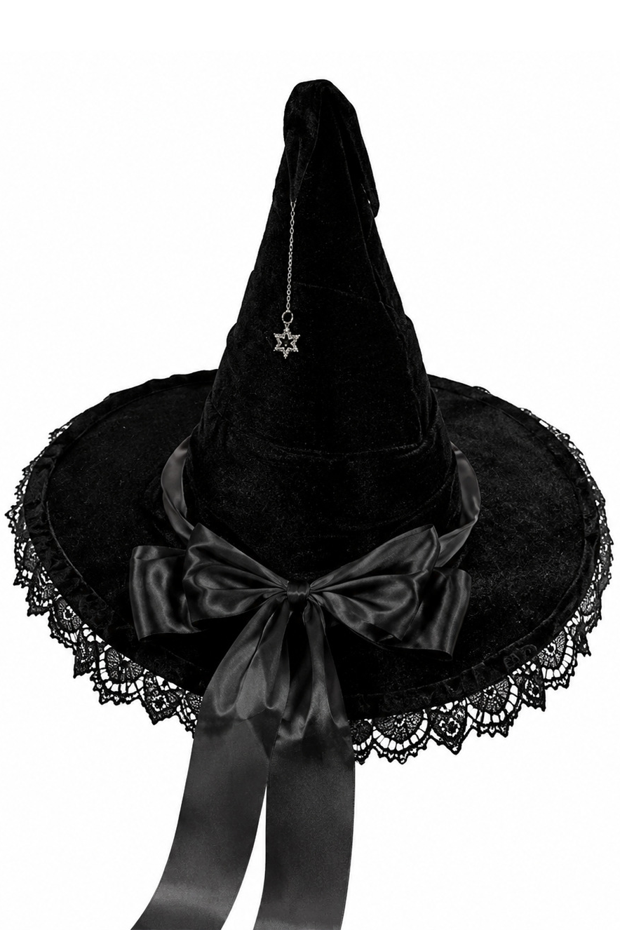 Green Satin Bow Black Velvet Lace & Star Pendant Halloween Witch Hat