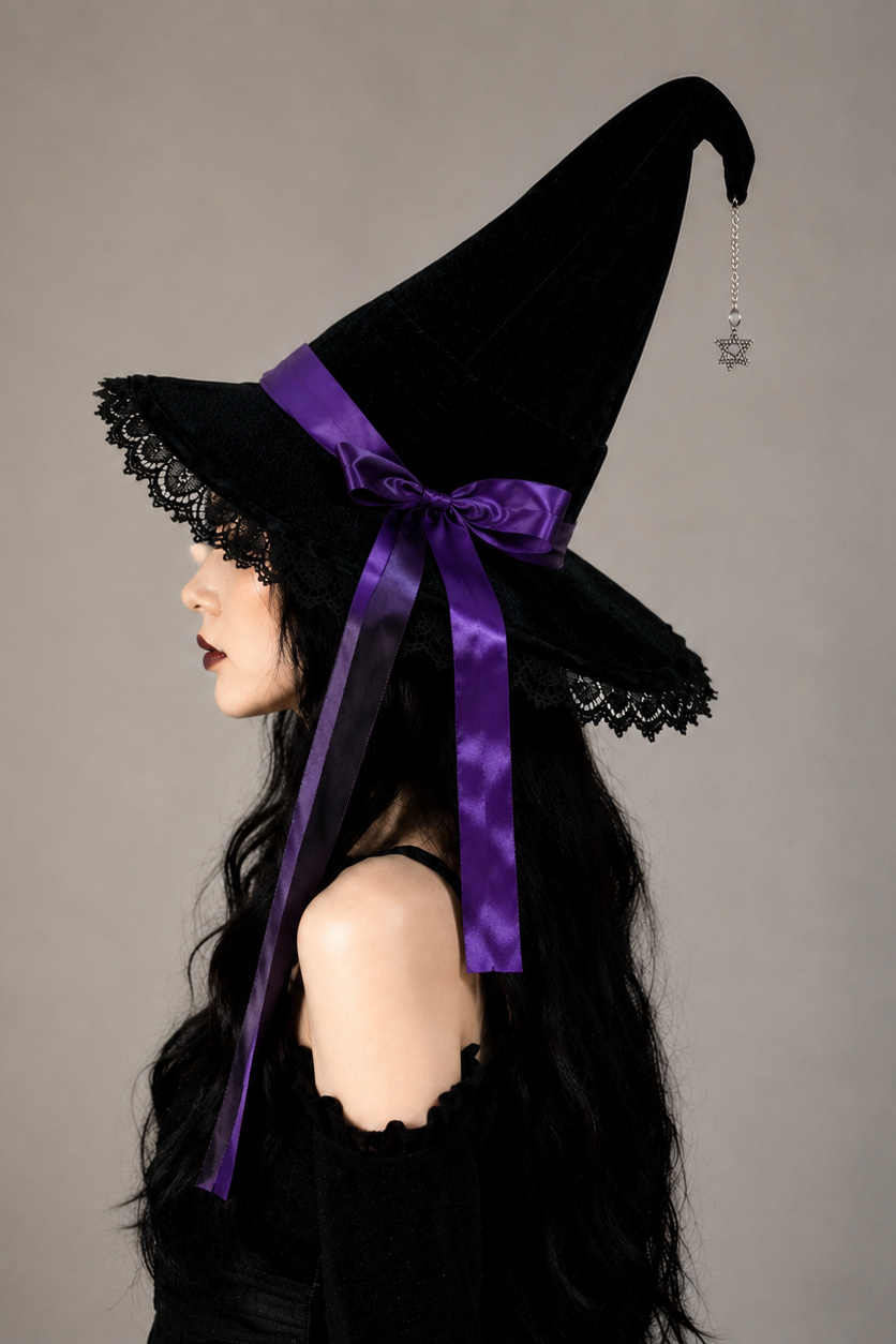 Green Satin Bow Black Velvet Lace & Star Pendant Halloween Witch Hat