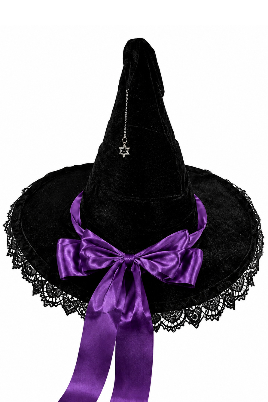 Green Satin Bow Black Velvet Lace & Star Pendant Halloween Witch Hat
