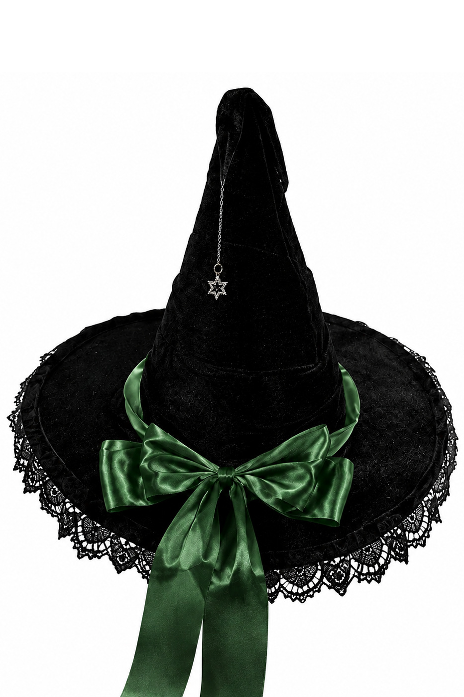 Green Satin Bow Black Velvet Lace & Star Pendant Halloween Witch Hat