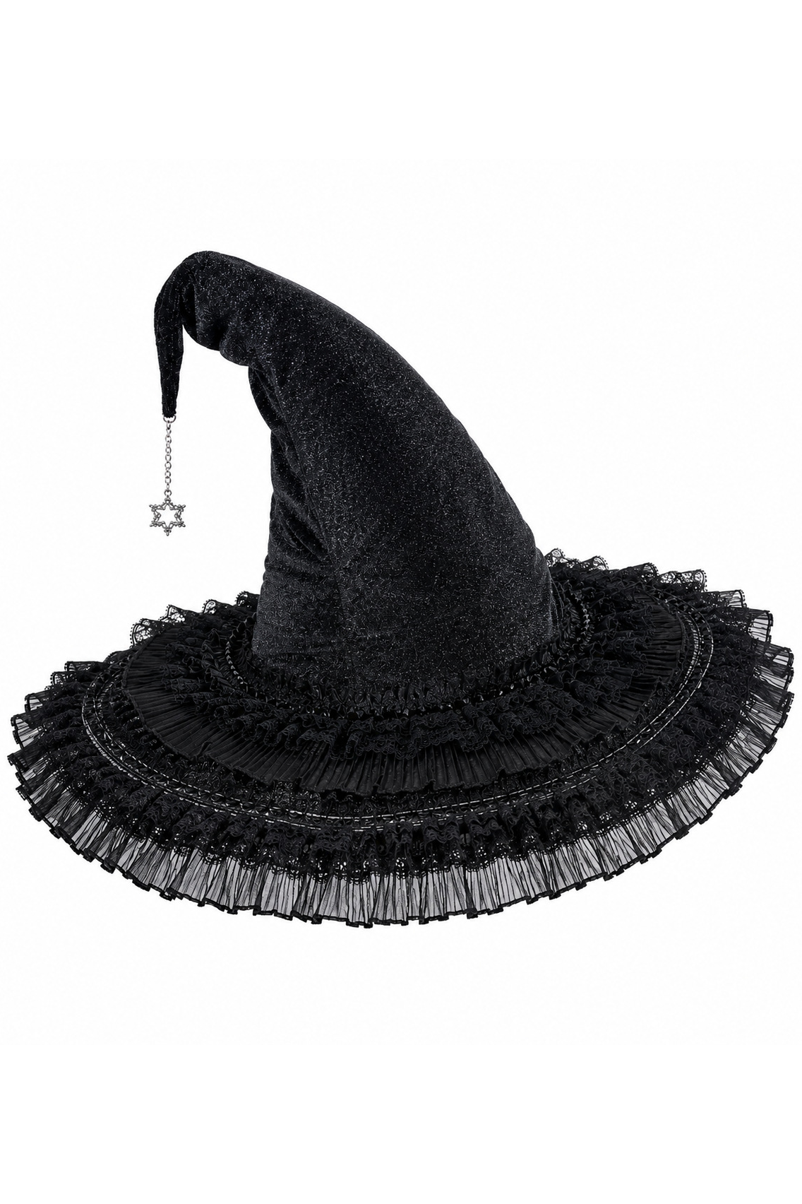 Green Satin Bow Black Velvet Lace & Star Pendant Halloween Witch Hat