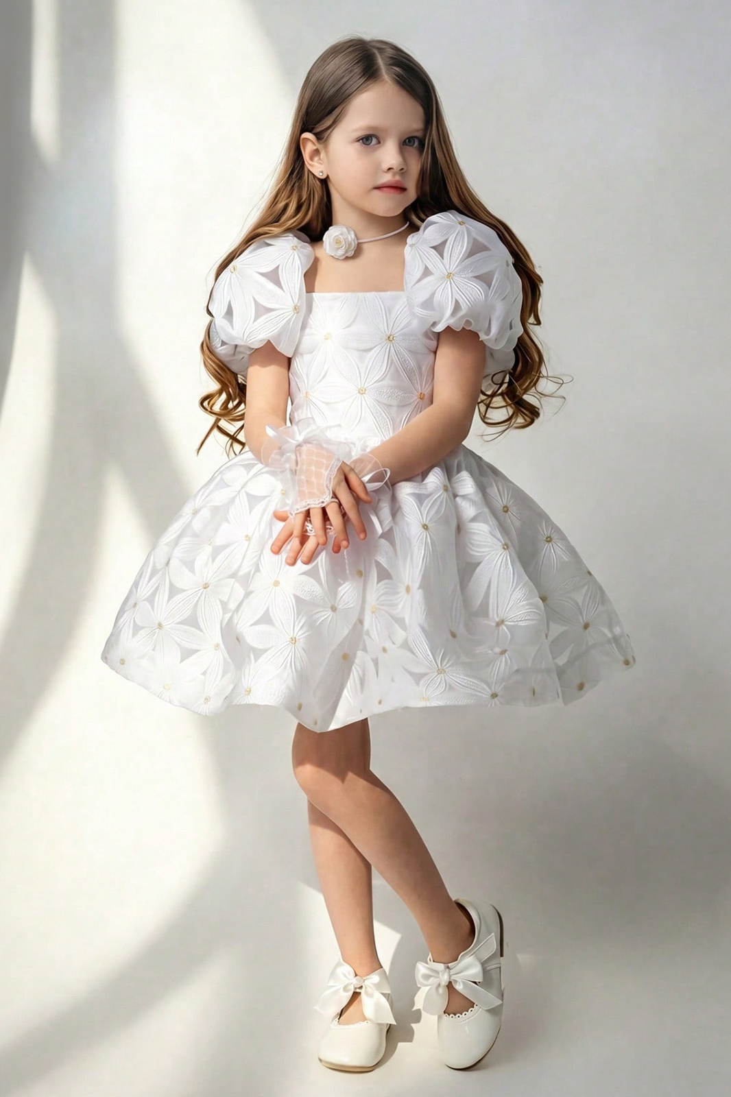 White Girls Flower Embroidery Puff Sleeve A-Line Princess Dress