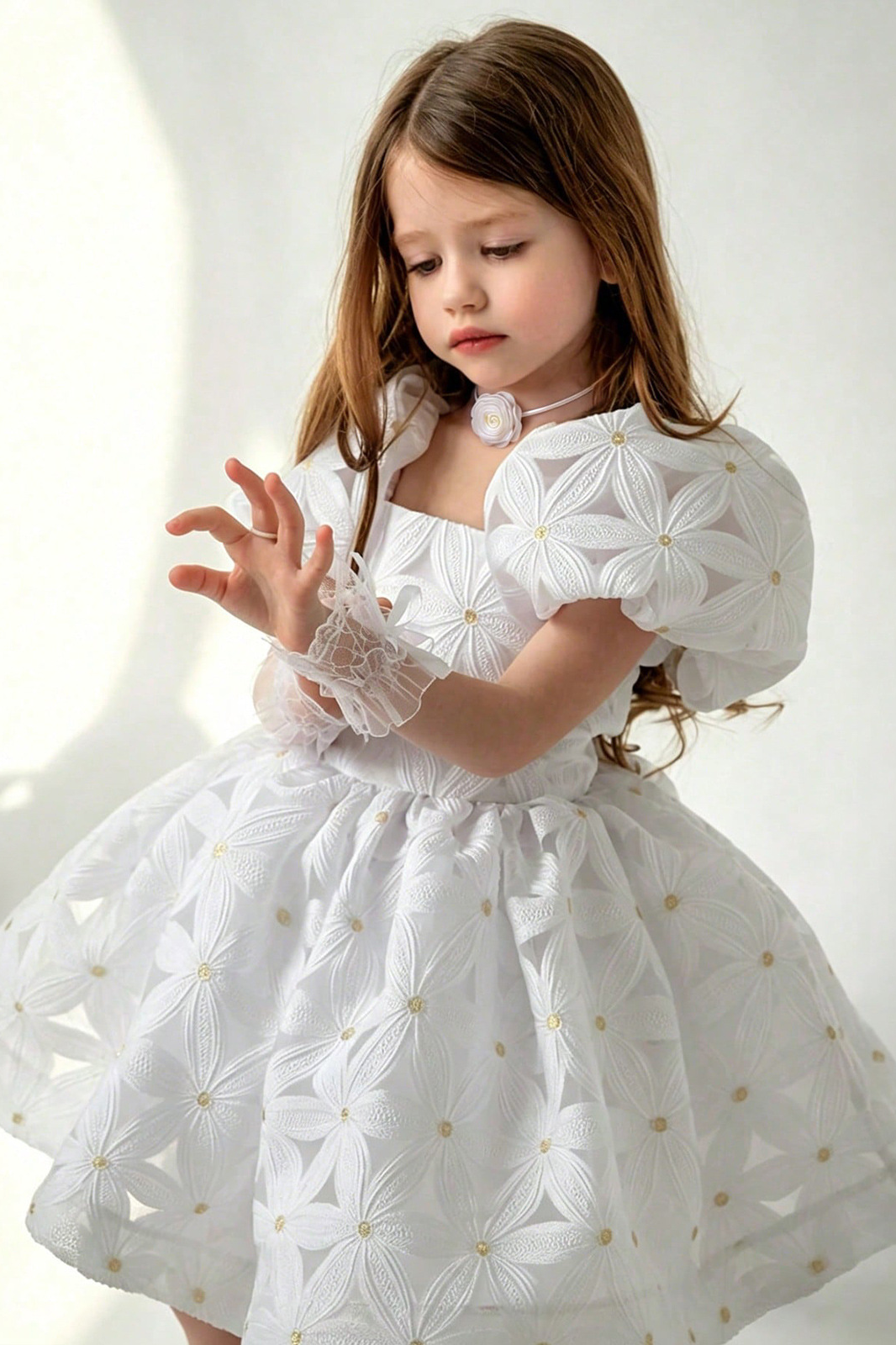 White Girls Flower Embroidery Puff Sleeve A-Line Princess Dress