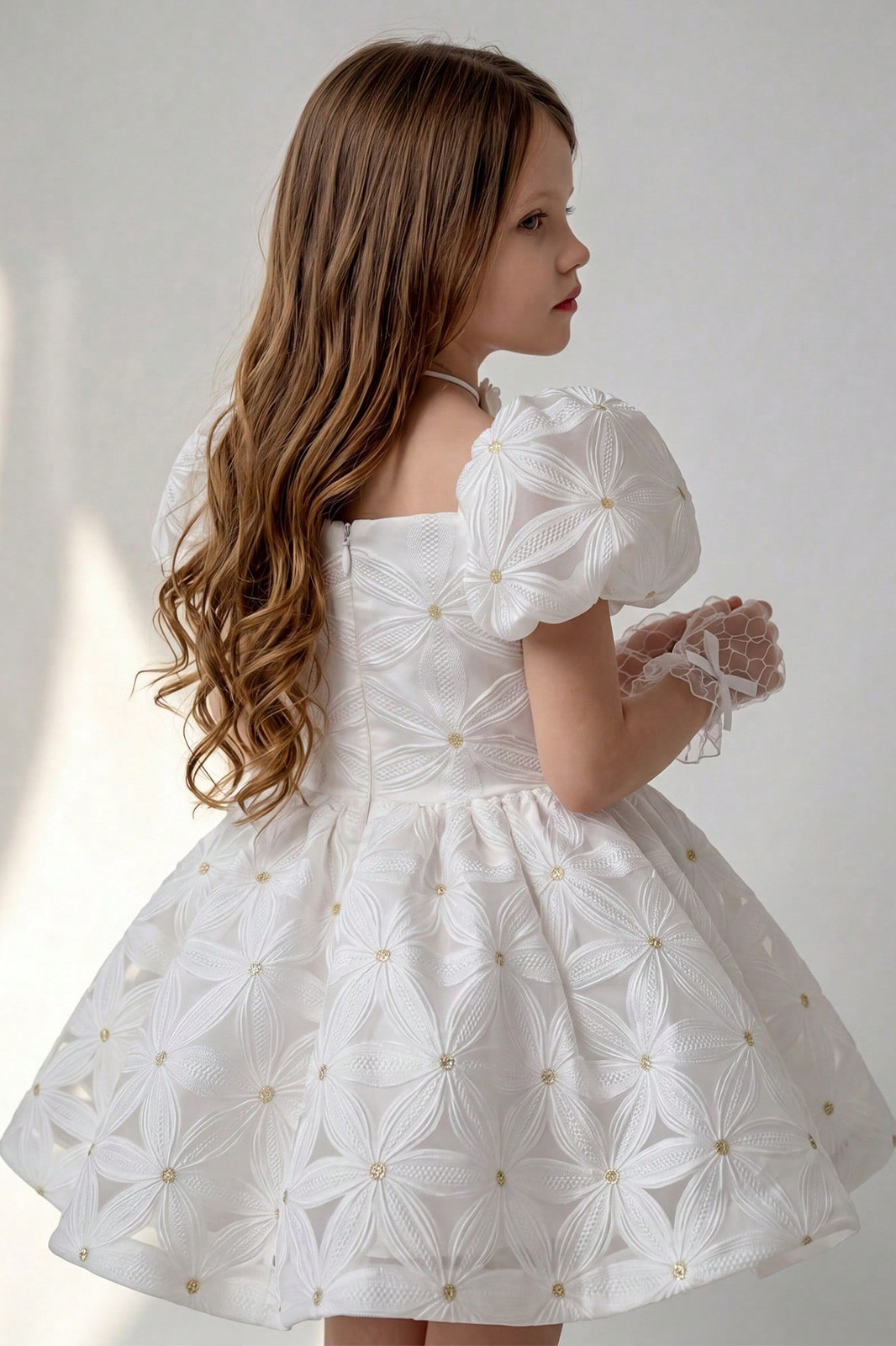 White Girls Flower Embroidery Puff Sleeve A-Line Princess Dress