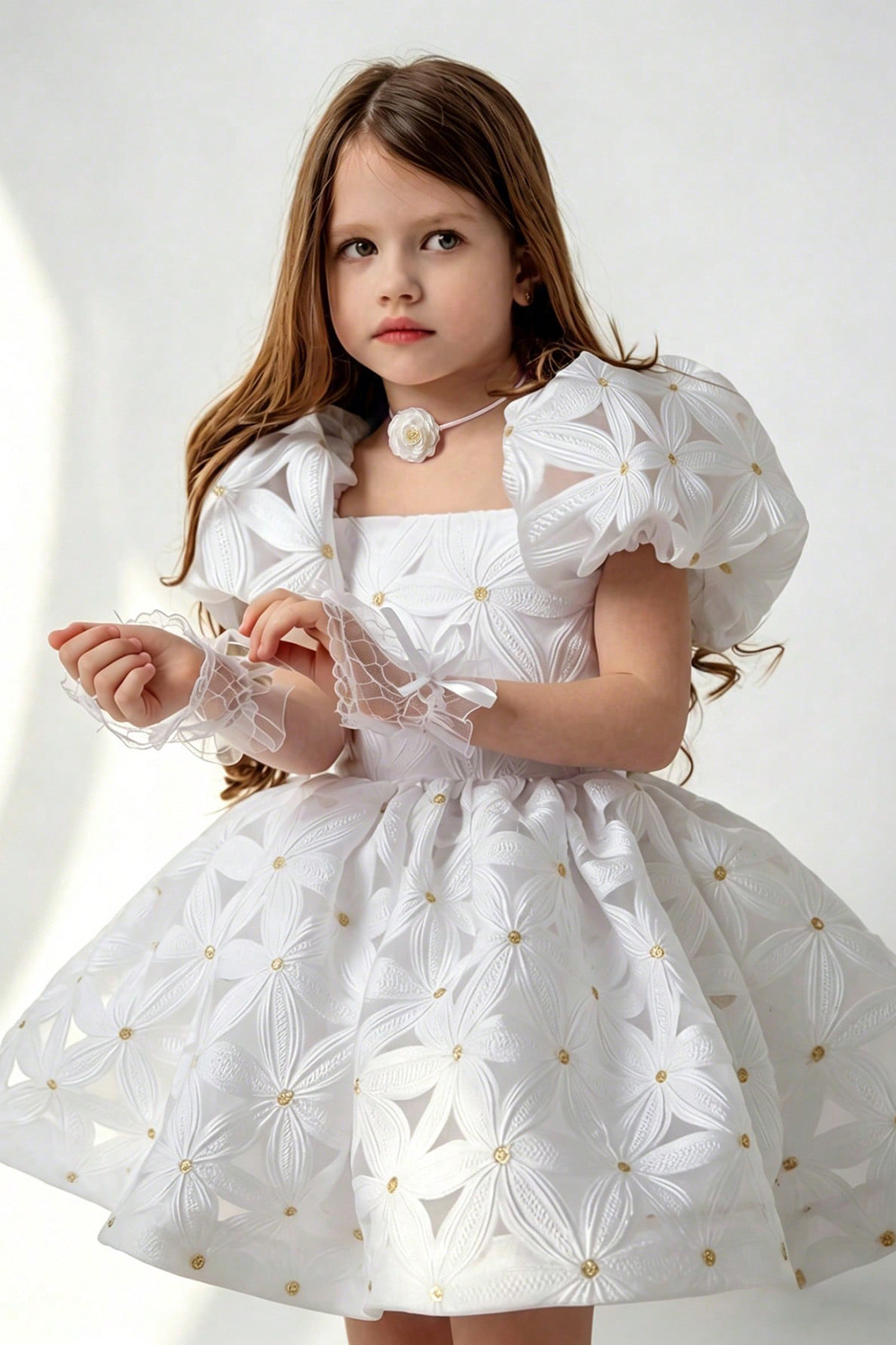 White Girls Flower Embroidery Puff Sleeve A-Line Princess Dress