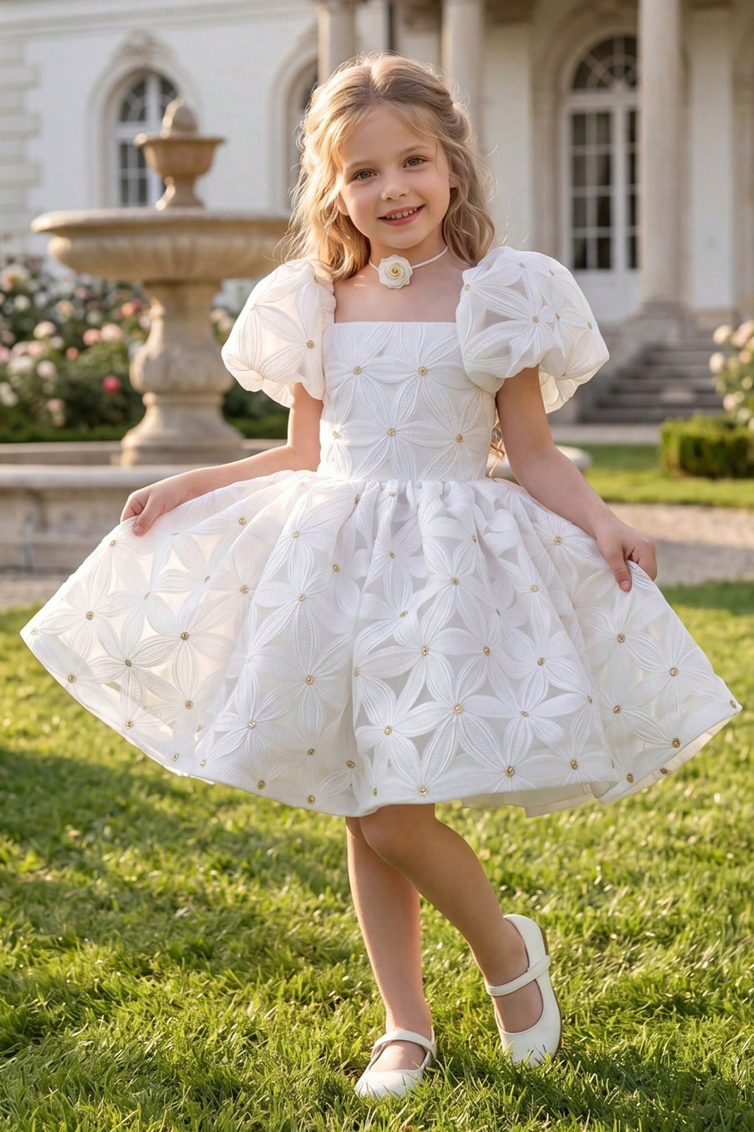 White Girls Flower Embroidery Puff Sleeve A-Line Princess Dress