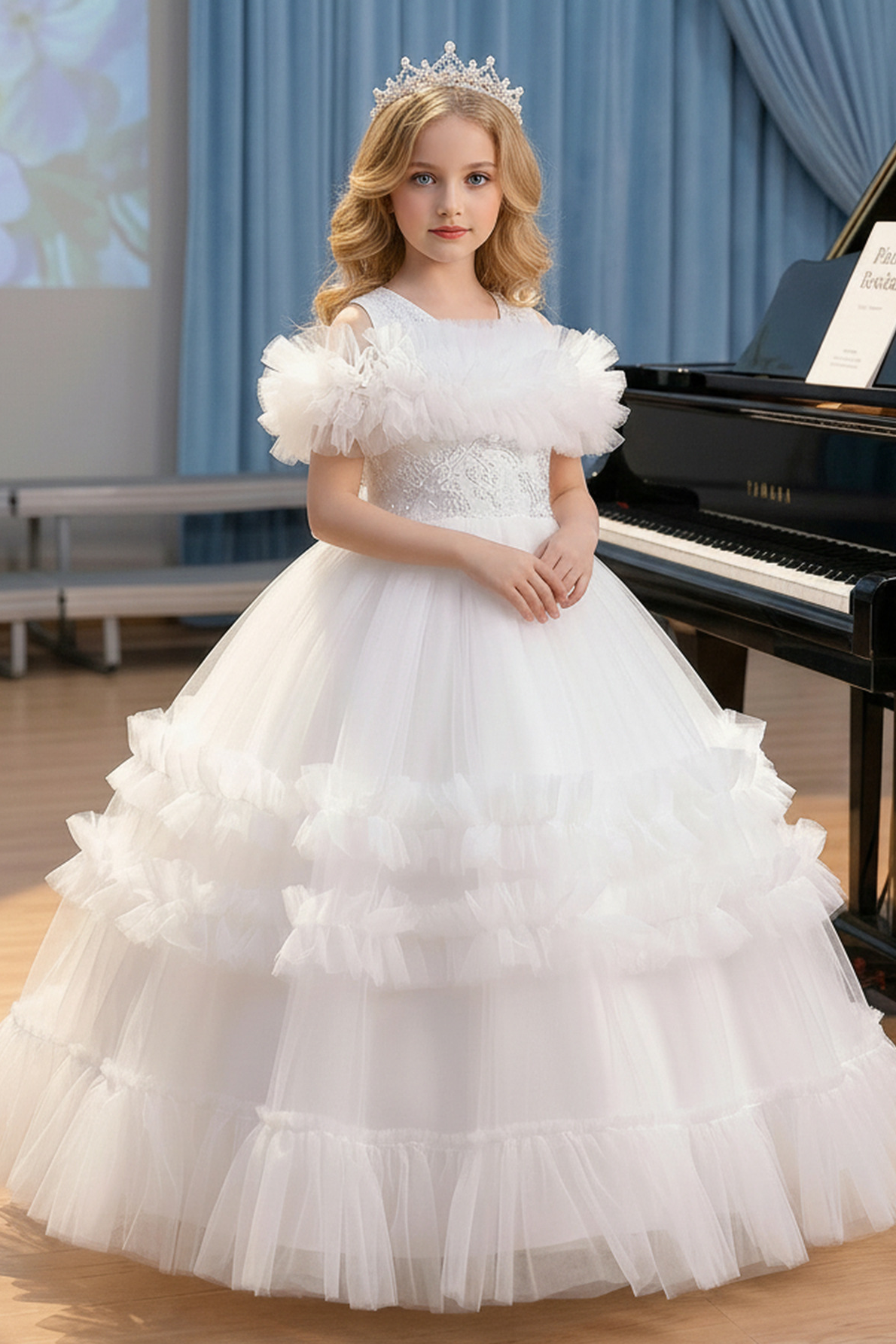 White Tulle Lace Off Shoulder Ruffled Layered A-Line Dress