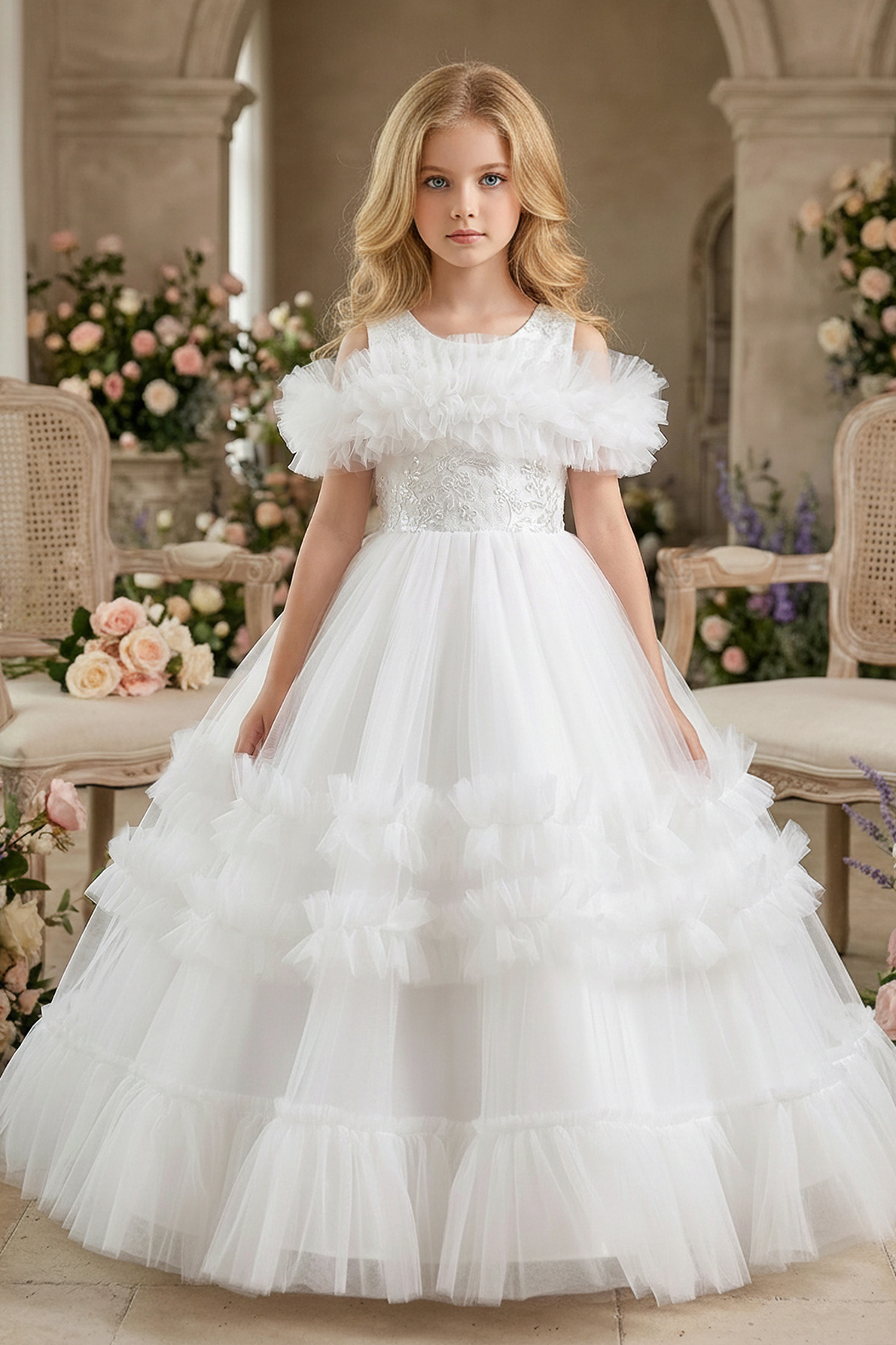 White Tulle Lace Off Shoulder Ruffled Layered A-Line Dress