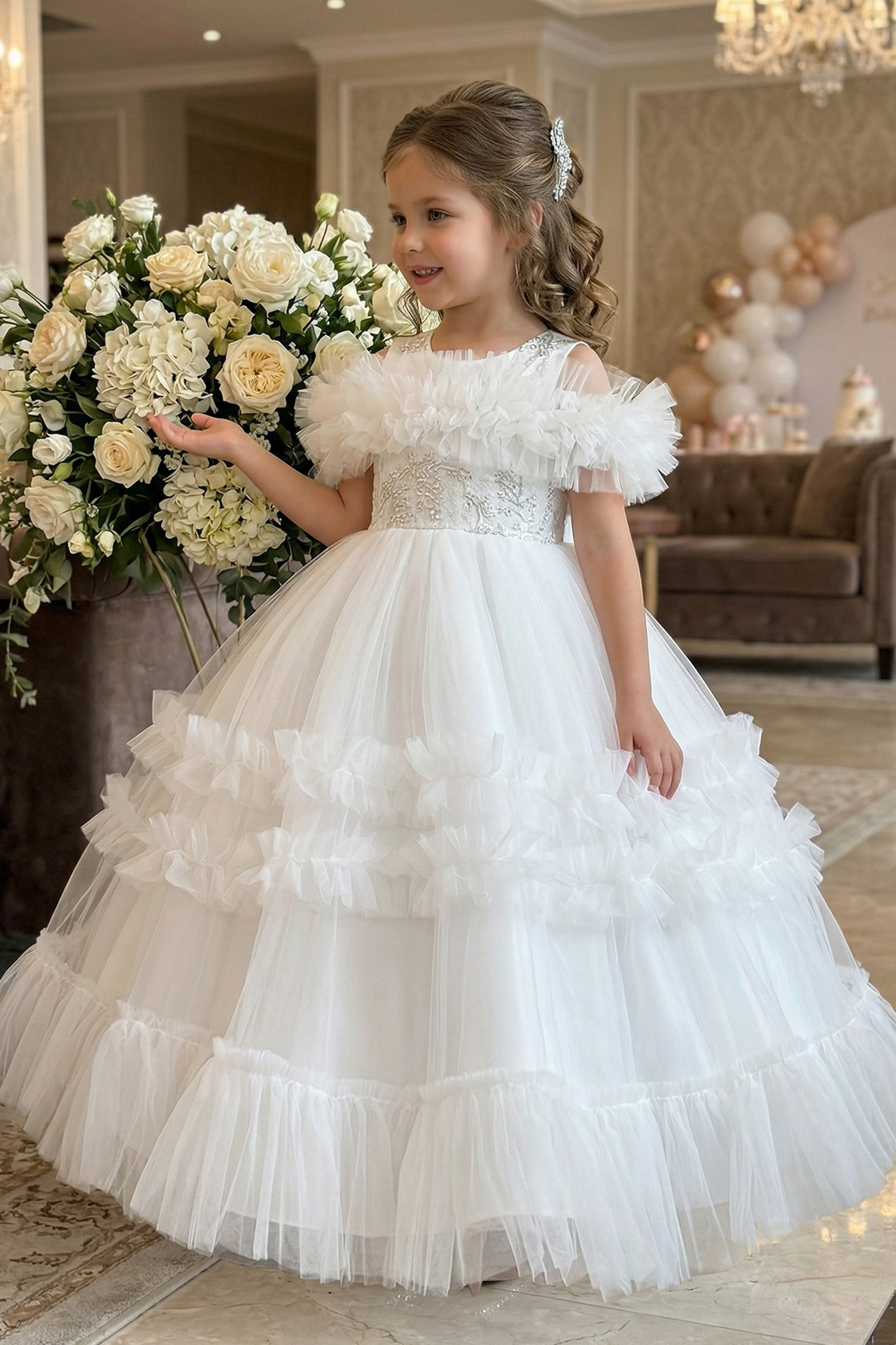 White Tulle Lace Off Shoulder Ruffled Layered A-Line Dress