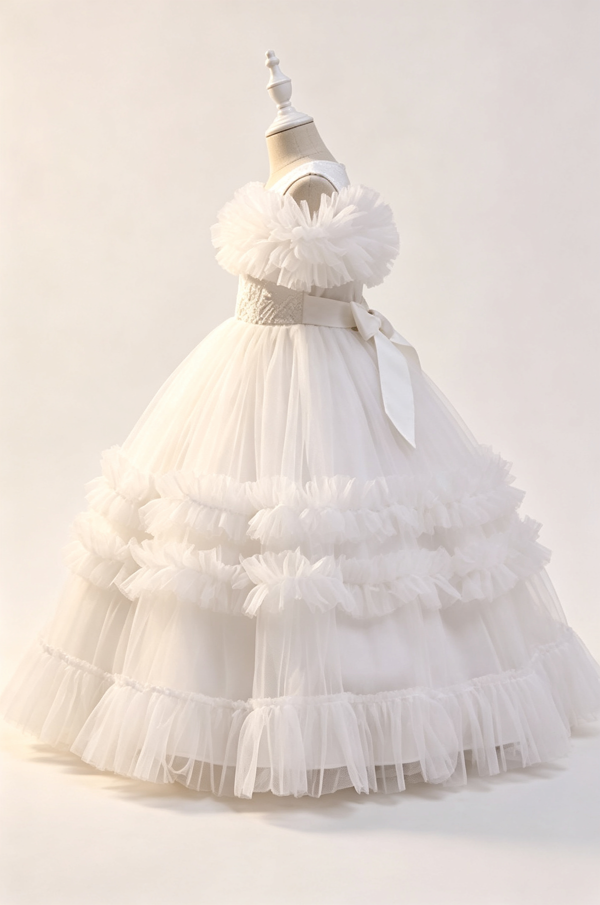 White Tulle Lace Off Shoulder Ruffled Layered A-Line Dress