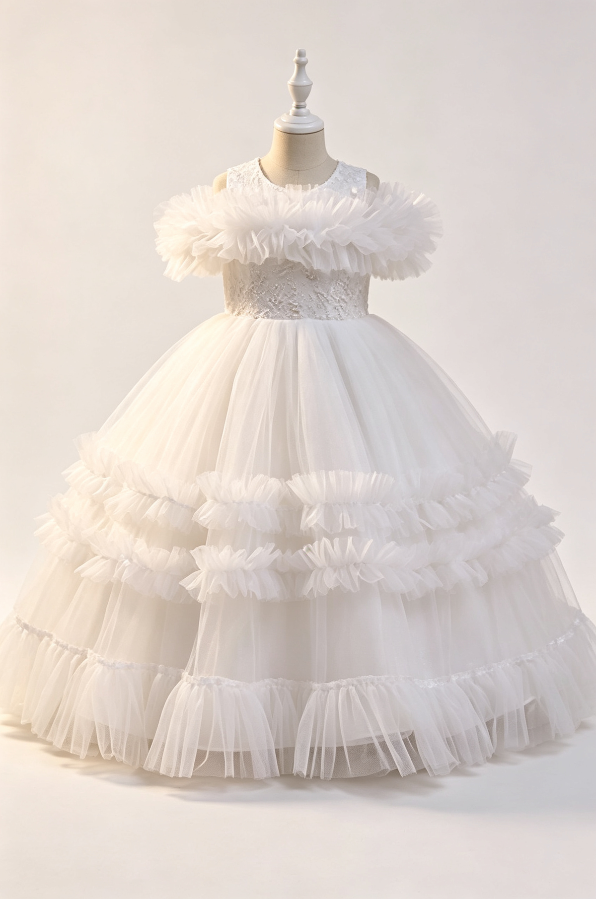 White Tulle Lace Off Shoulder Ruffled Layered A-Line Dress