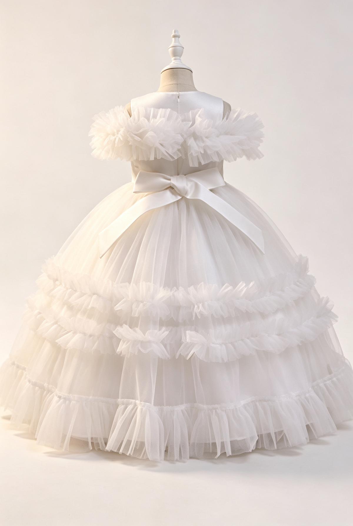 White Tulle Lace Off Shoulder Ruffled Layered A-Line Dress