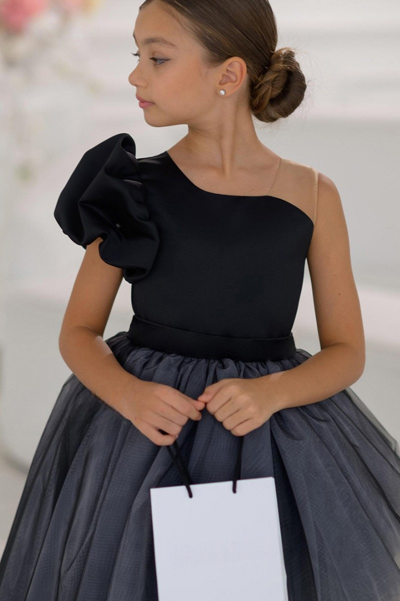 Black One Shoulder Bow Satin Top Asymmetrical Tulle A-Line Dress