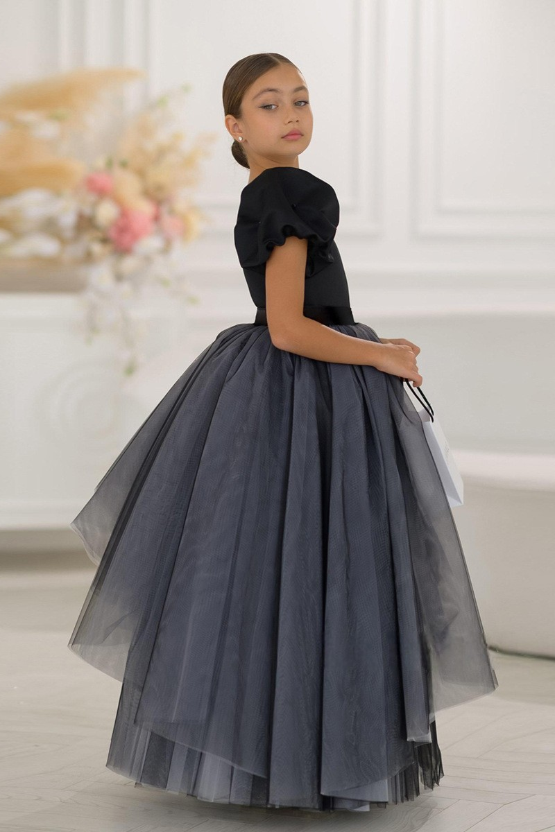 Black One Shoulder Bow Satin Top Asymmetrical Tulle A-Line Dress