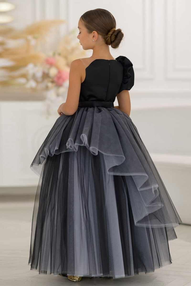 Black One Shoulder Bow Satin Top Asymmetrical Tulle A-Line Dress