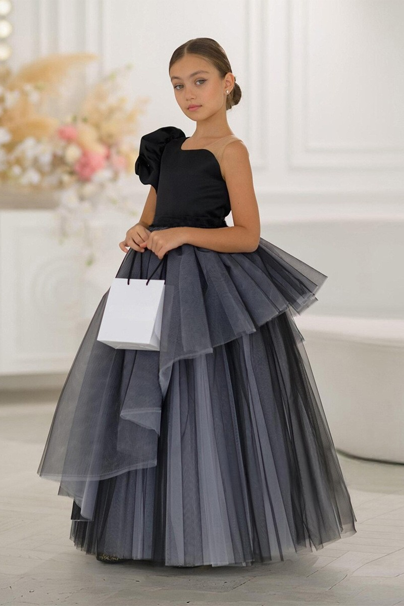 Black One Shoulder Bow Satin Top Asymmetrical Tulle A-Line Dress
