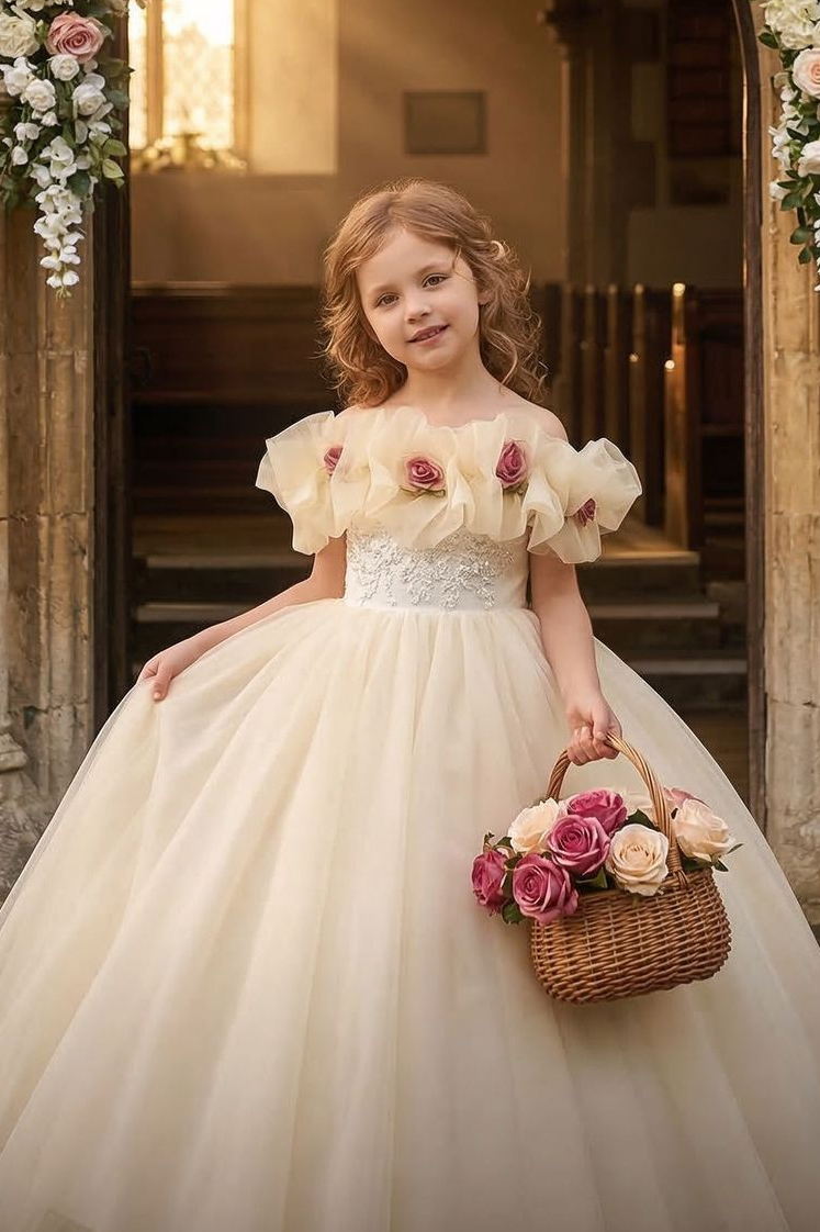 Champagne Off Shoulder Tulle 3D Floral Lace A-Line Flower Girl Dress