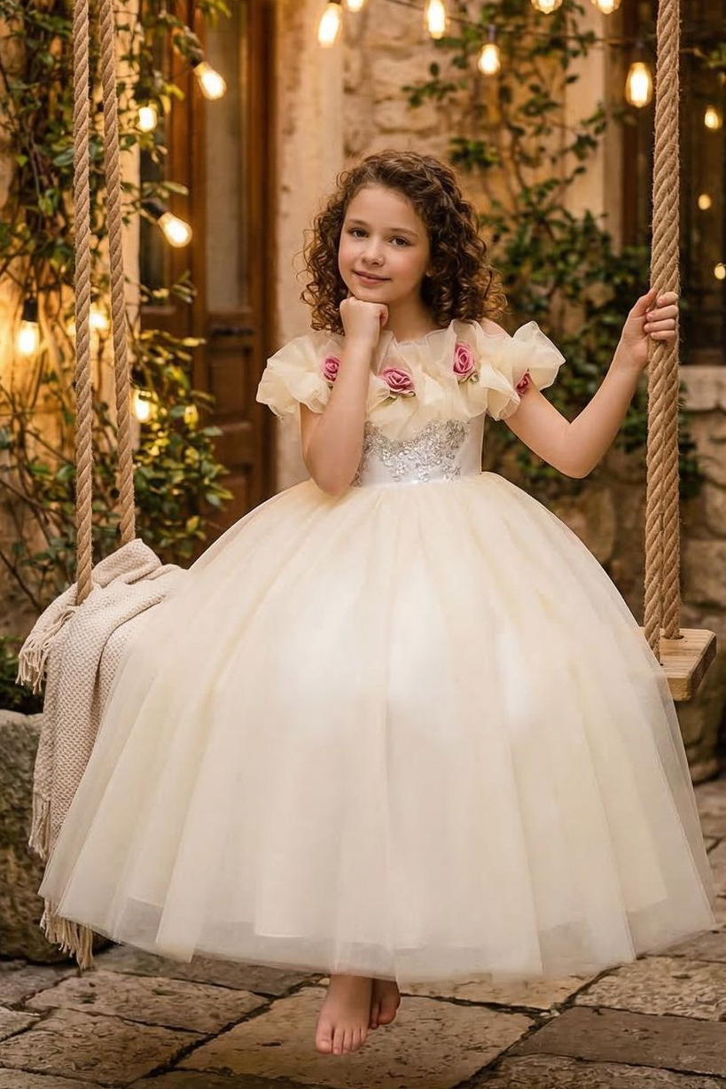 Champagne Off Shoulder Tulle 3D Floral Lace A-Line Flower Girl Dress