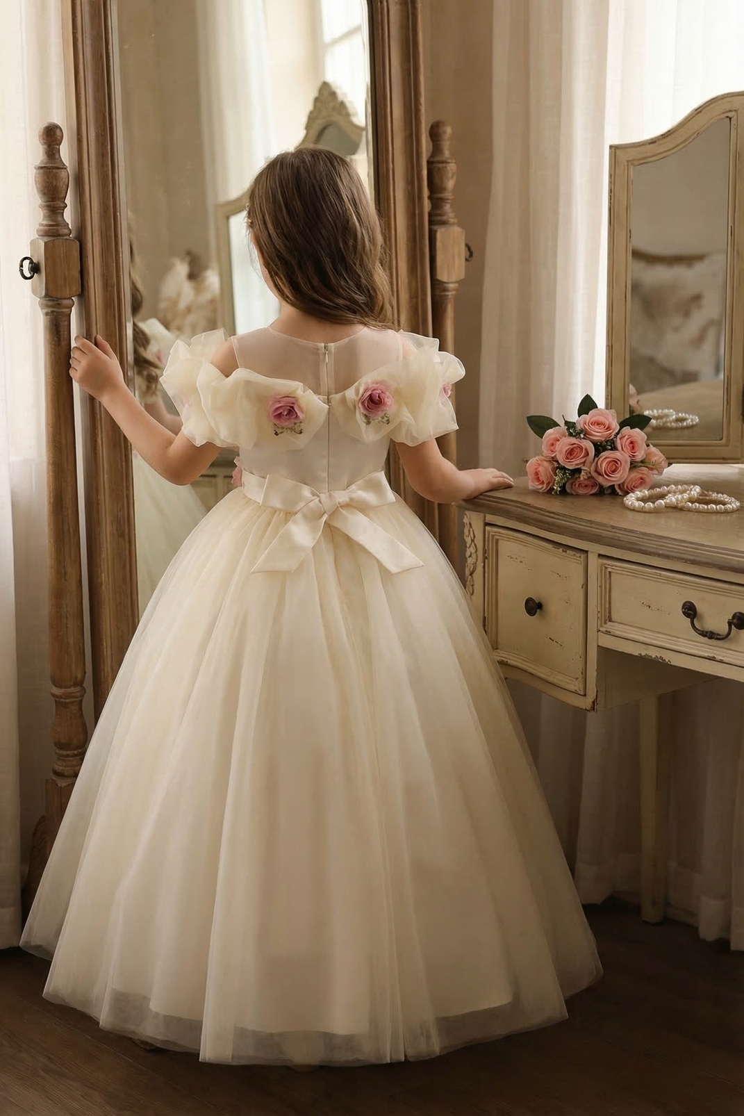 Champagne Off Shoulder Tulle 3D Floral Lace A-Line Flower Girl Dress