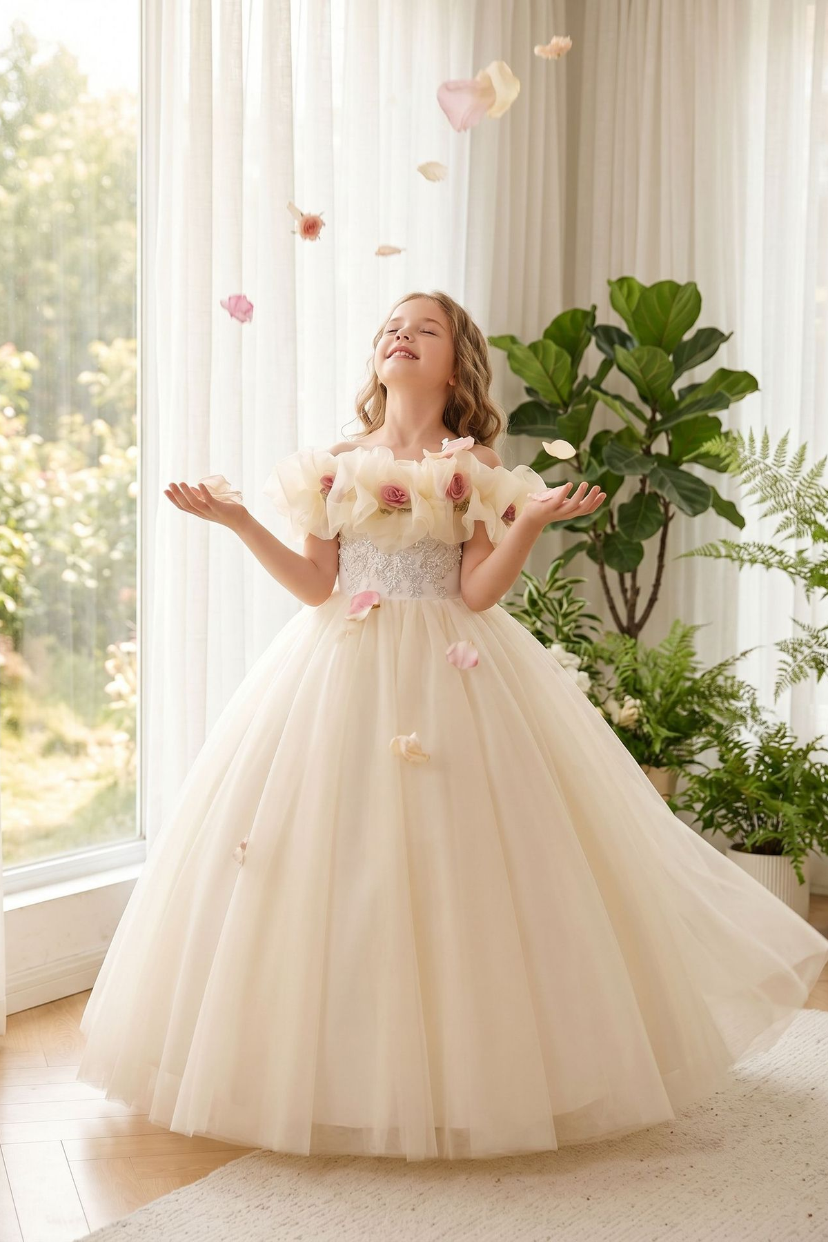 Champagne Off Shoulder Tulle 3D Floral Lace A-Line Flower Girl Dress
