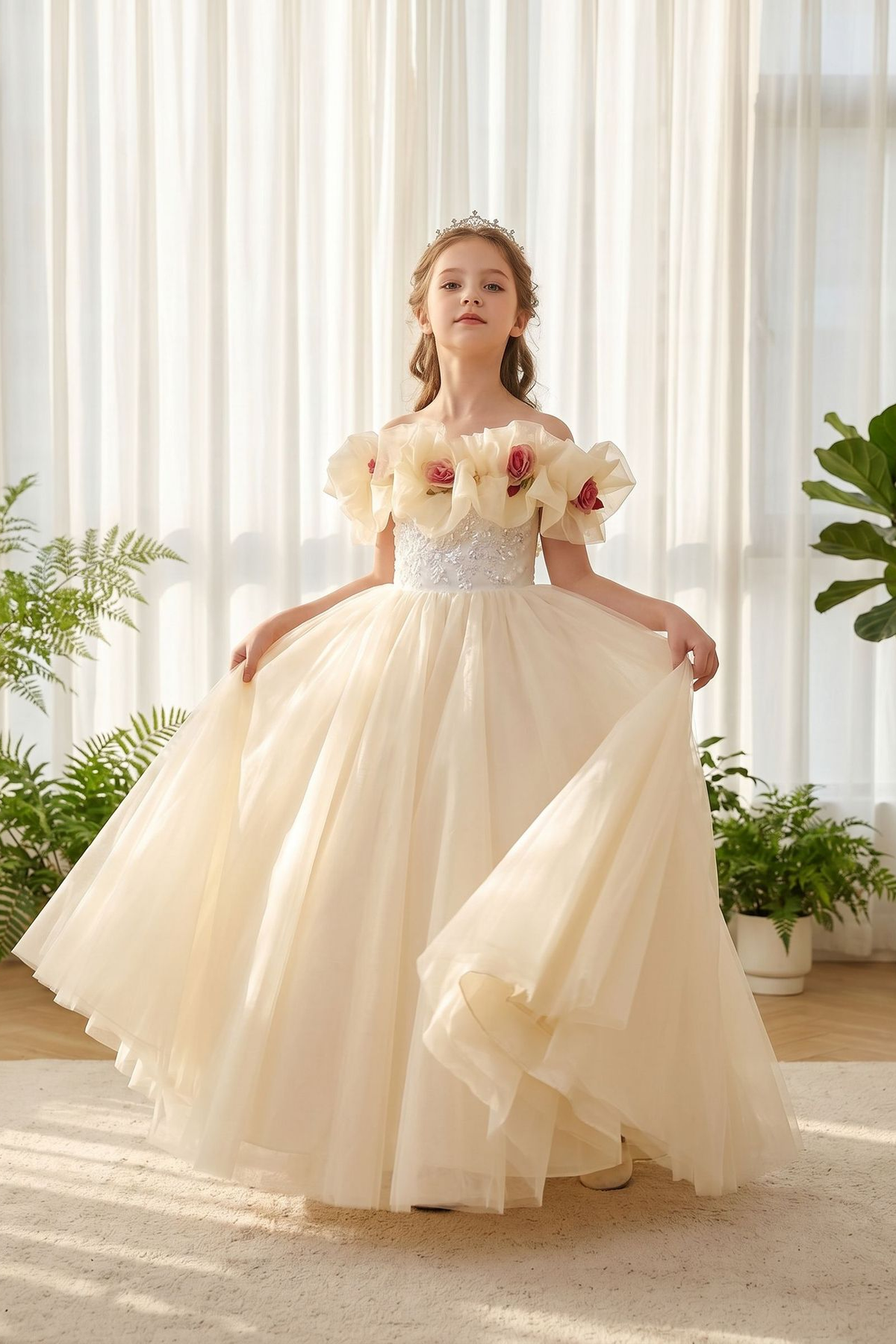 Champagne Off Shoulder Tulle 3D Floral Lace A-Line Flower Girl Dress