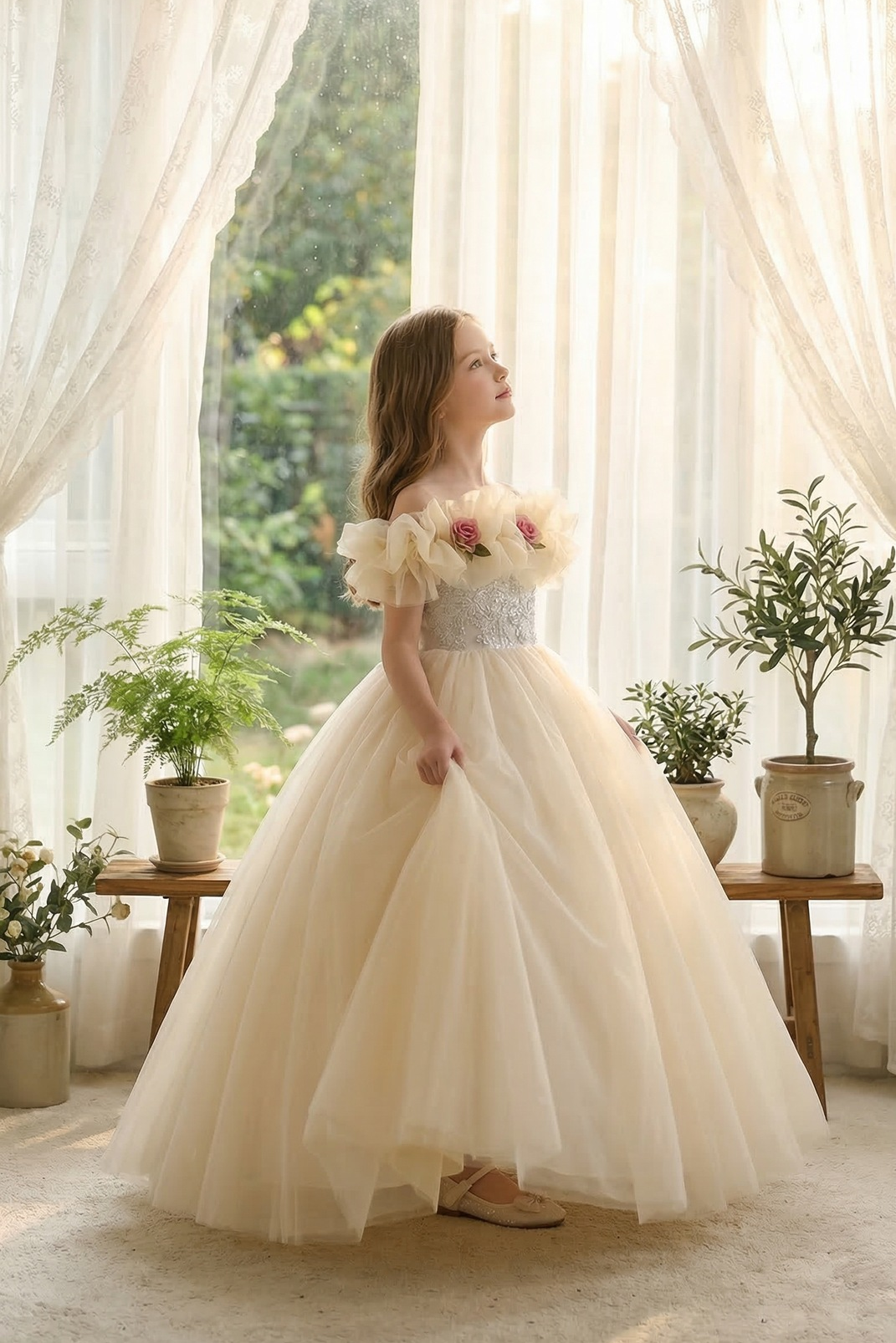 Champagne Off Shoulder Tulle 3D Floral Lace A-Line Flower Girl Dress