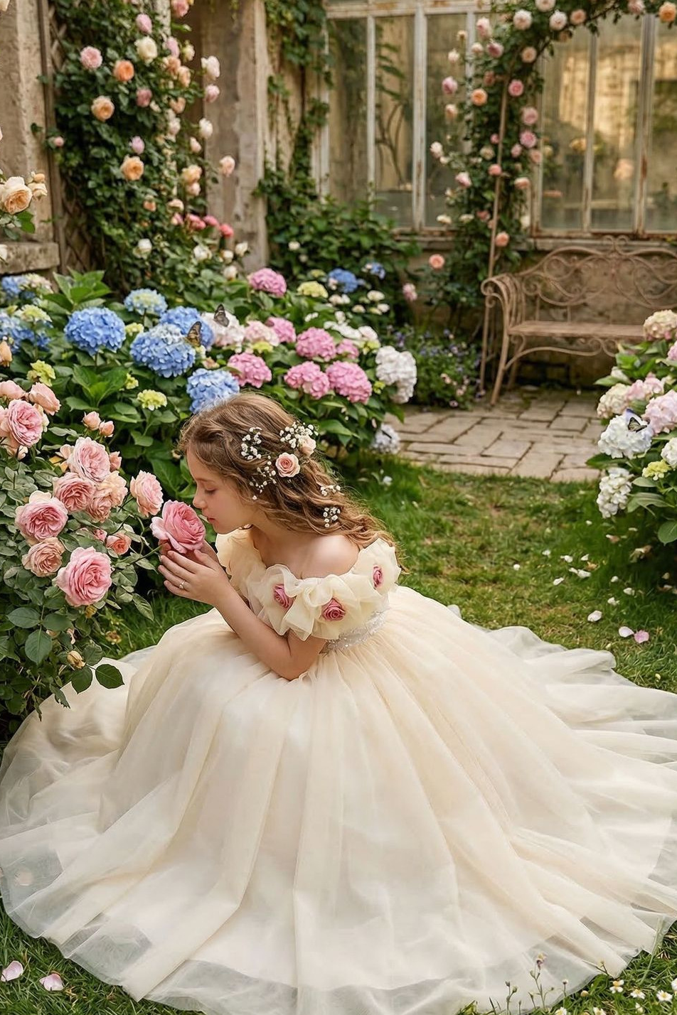 Champagne Off Shoulder Tulle 3D Floral Lace A-Line Flower Girl Dress