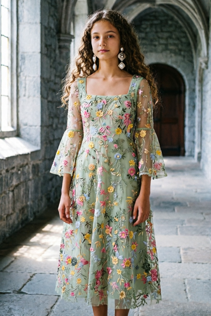 Green Square Neck Girls Tulle Colorful Floral Embroidery Bell Sleeve Midi Dress