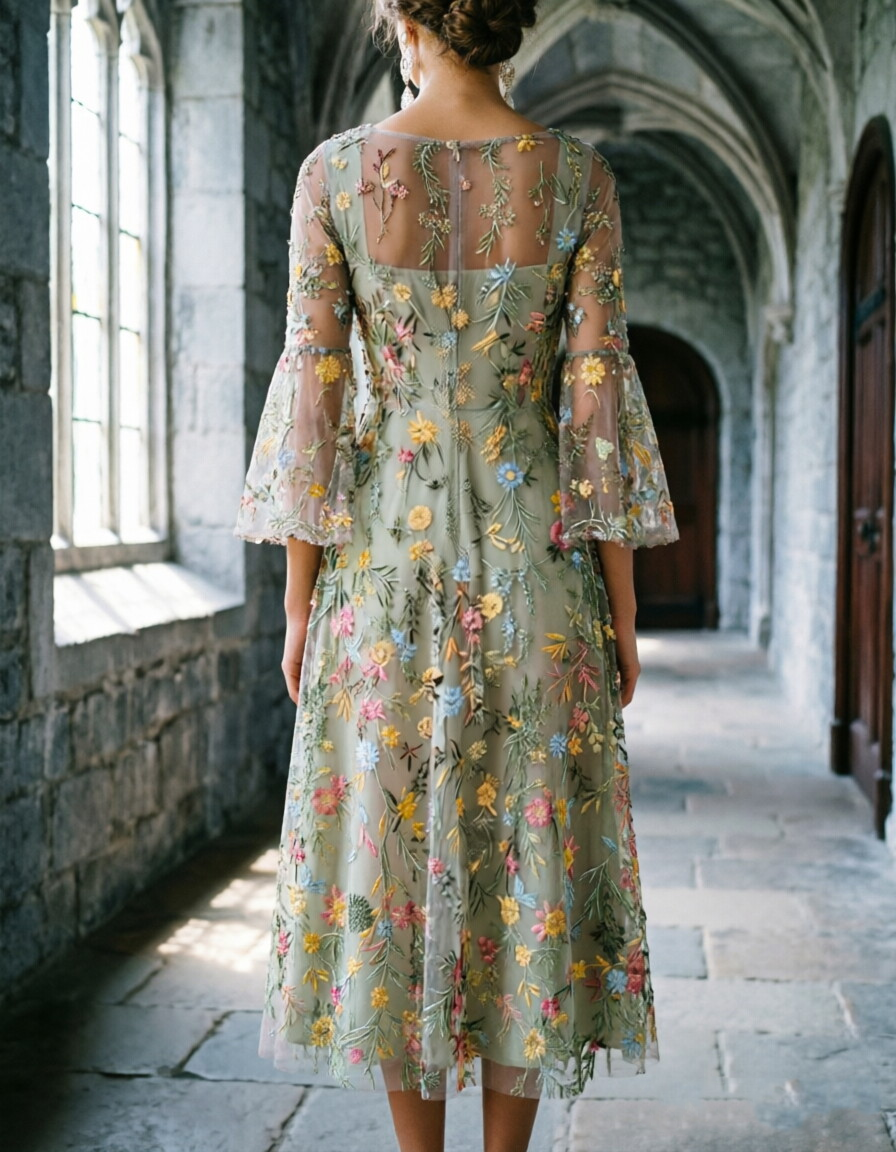 Green Square Neck Girls Tulle Colorful Floral Embroidery Bell Sleeve Midi Dress