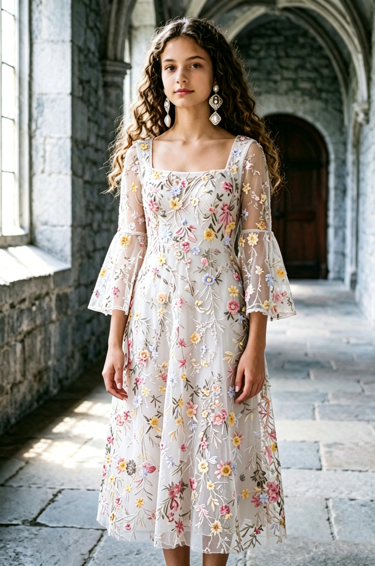 Green Square Neck Girls Tulle Colorful Floral Embroidery Bell Sleeve Midi Dress