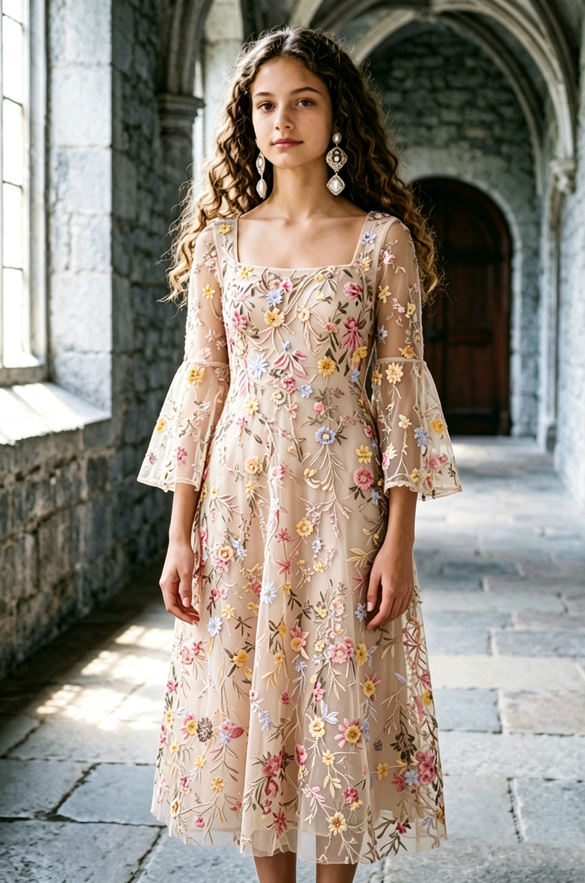 Green Square Neck Girls Tulle Colorful Floral Embroidery Bell Sleeve Midi Dress