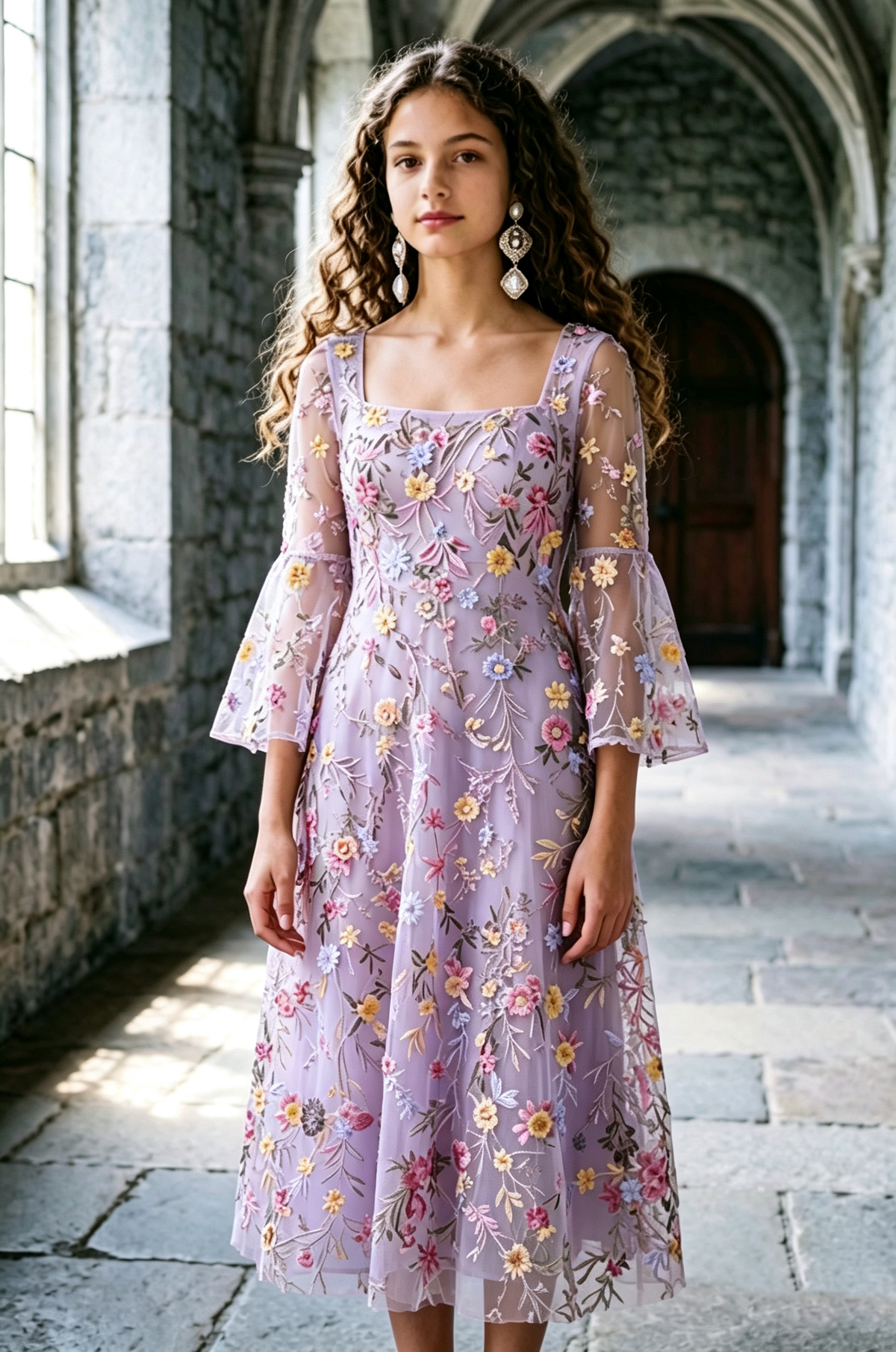 Green Square Neck Girls Tulle Colorful Floral Embroidery Bell Sleeve Midi Dress