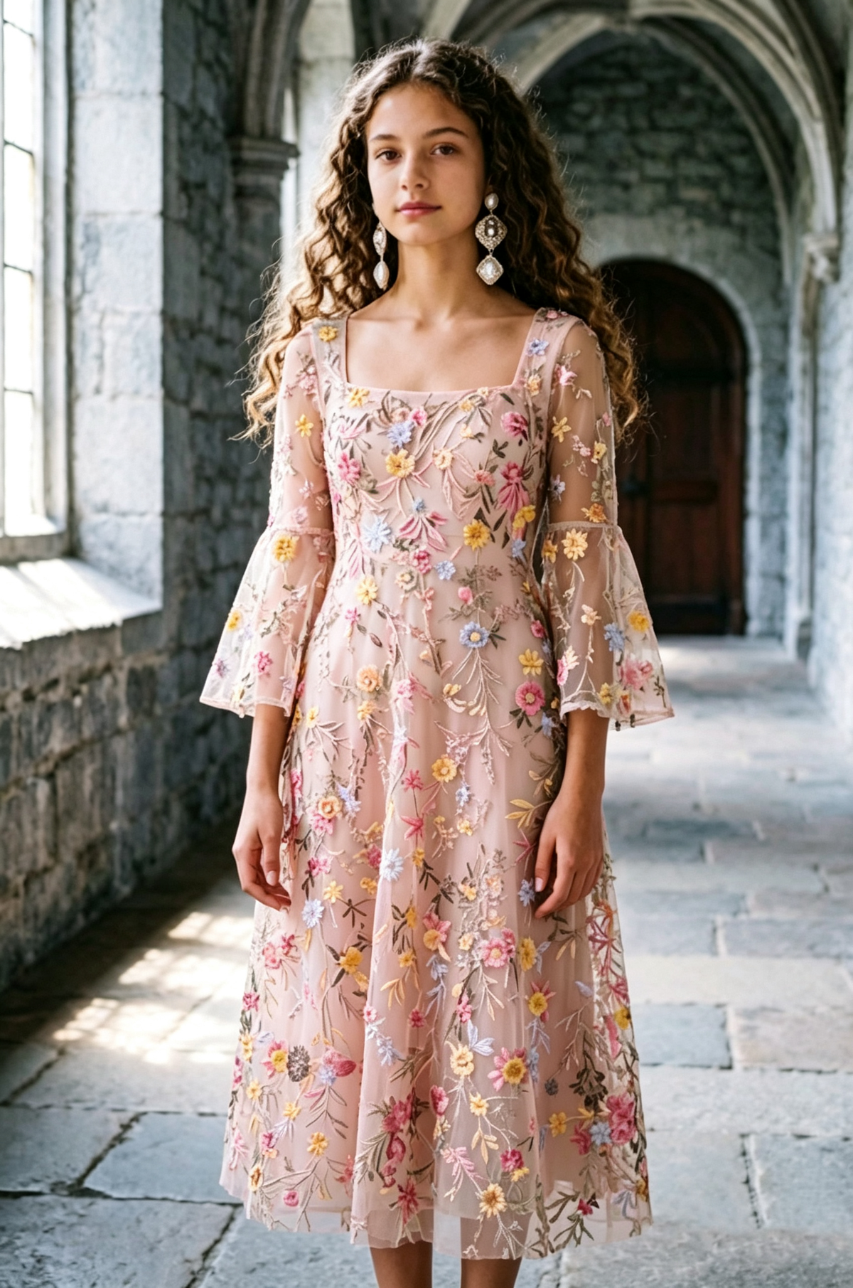 Green Square Neck Girls Tulle Colorful Floral Embroidery Bell Sleeve Midi Dress