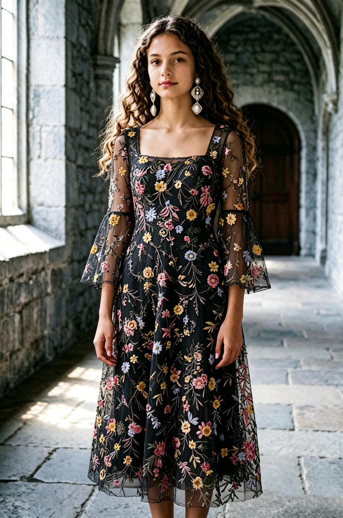 Green Square Neck Girls Tulle Colorful Floral Embroidery Bell Sleeve Midi Dress