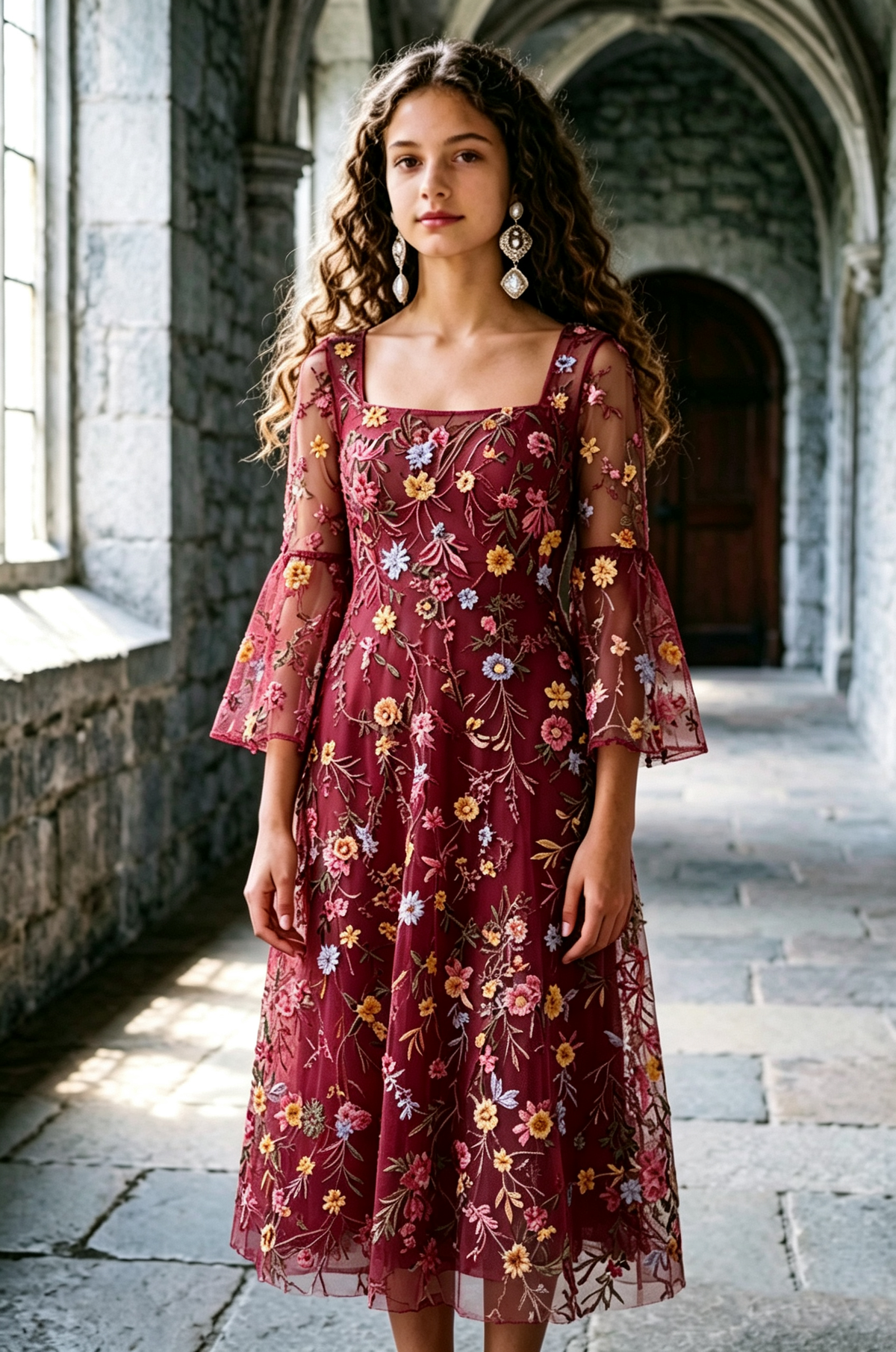 Green Square Neck Girls Tulle Colorful Floral Embroidery Bell Sleeve Midi Dress