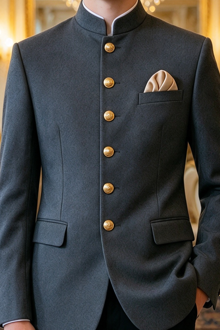 Dark Grey Mandarin Collar Single Breasted 2 Piece Formal Suit Set