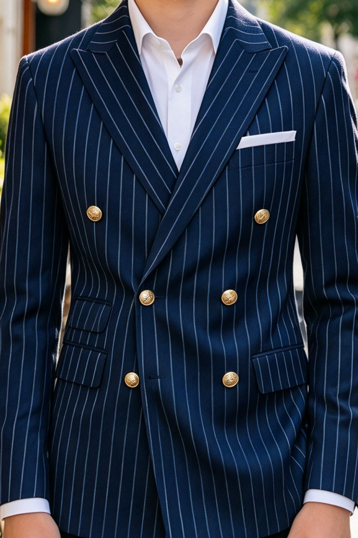 Navy Pinstripe Gold Button Double Breasted 2 Piece Formal Suit Set
