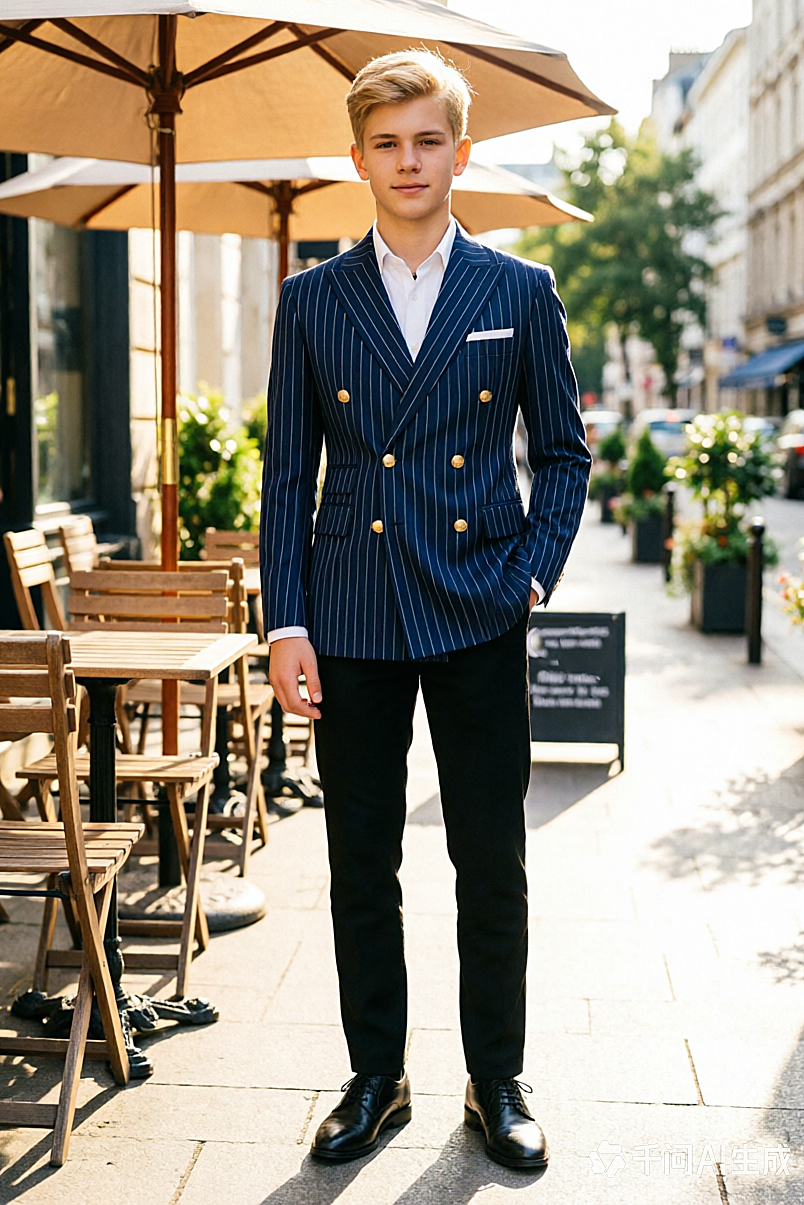 Navy Pinstripe Gold Button Double Breasted 2 Piece Formal Suit Set