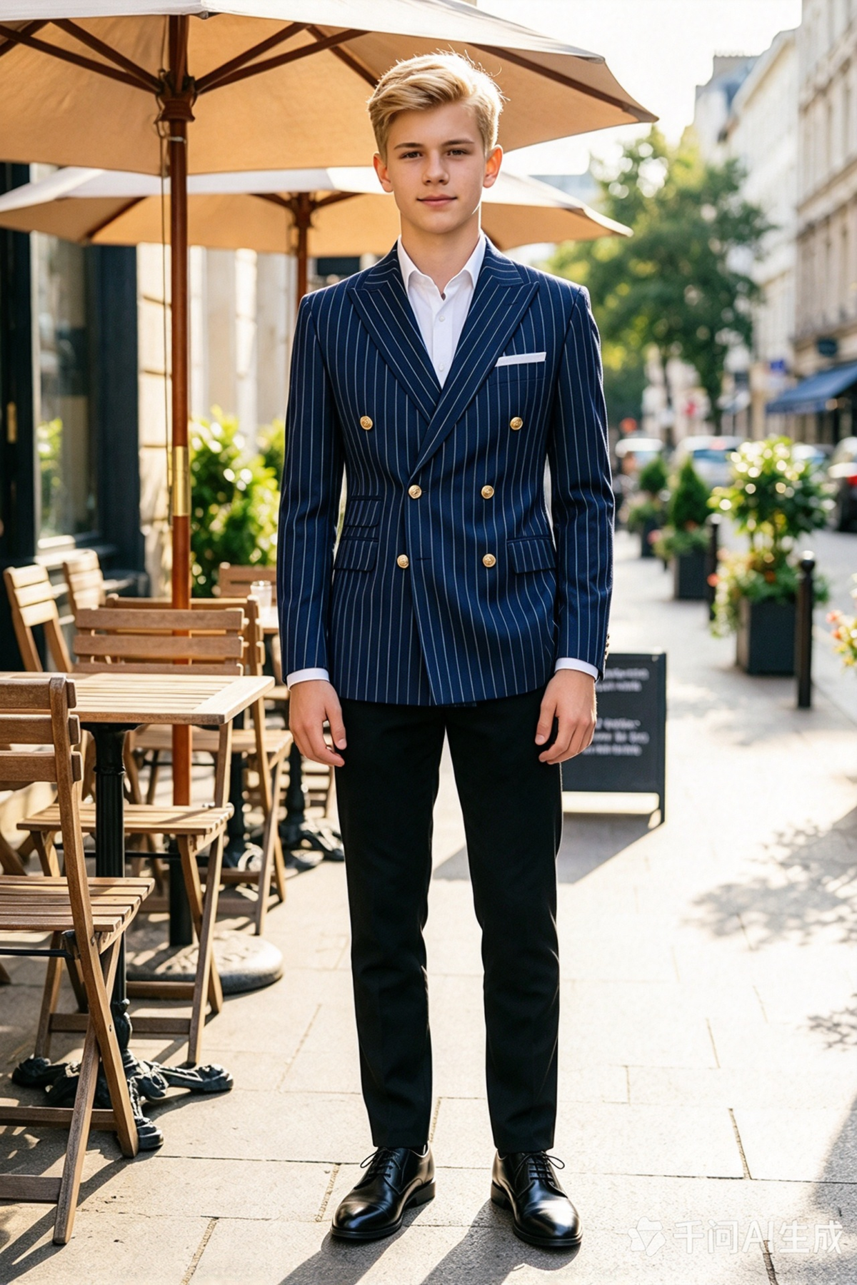 Navy Pinstripe Gold Button Double Breasted 2 Piece Formal Suit Set