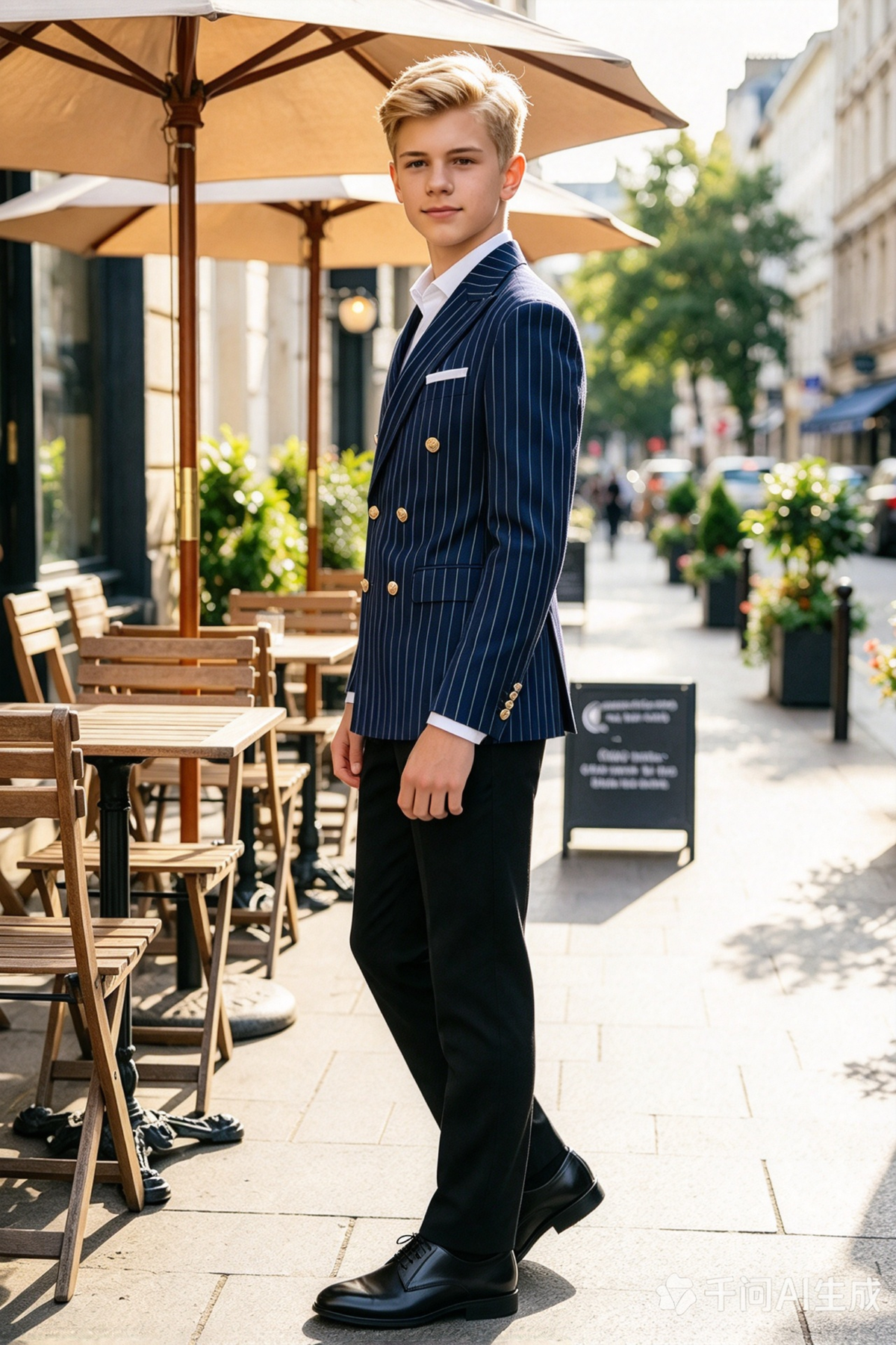 Navy Pinstripe Gold Button Double Breasted 2 Piece Formal Suit Set