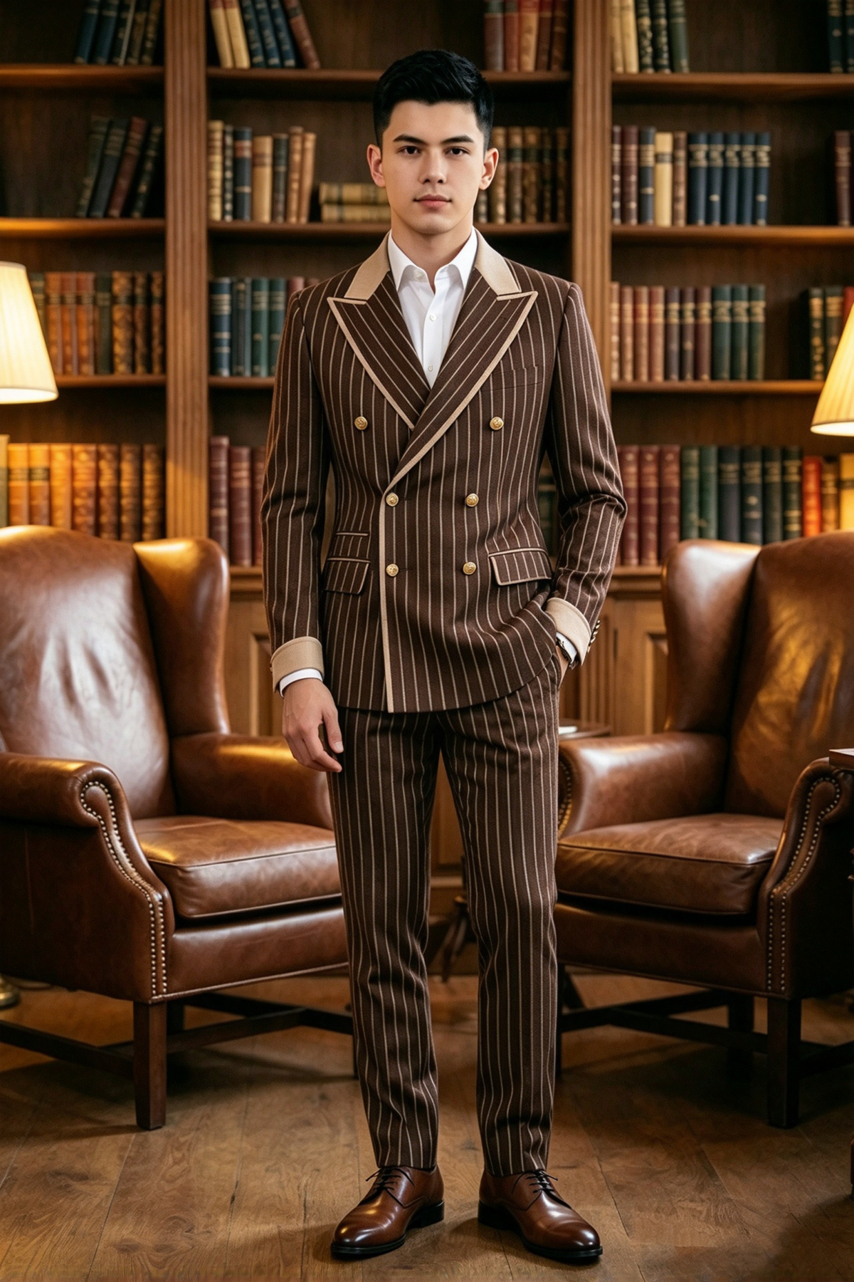 Brown Pinstripe Champagne Lapel Gold Button 2 Piece Formal Set